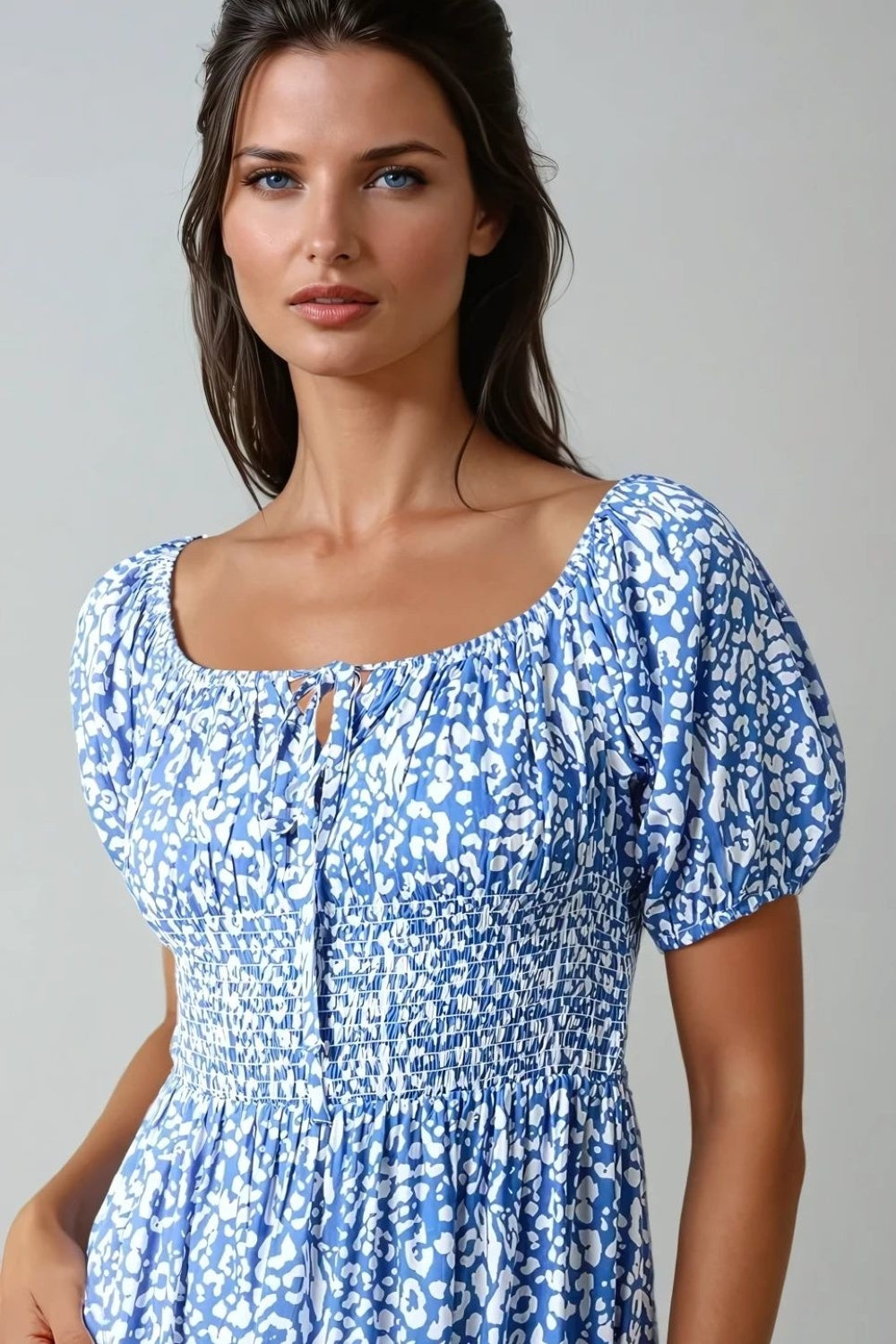 Blue Animal Print Shirred Midi Dress