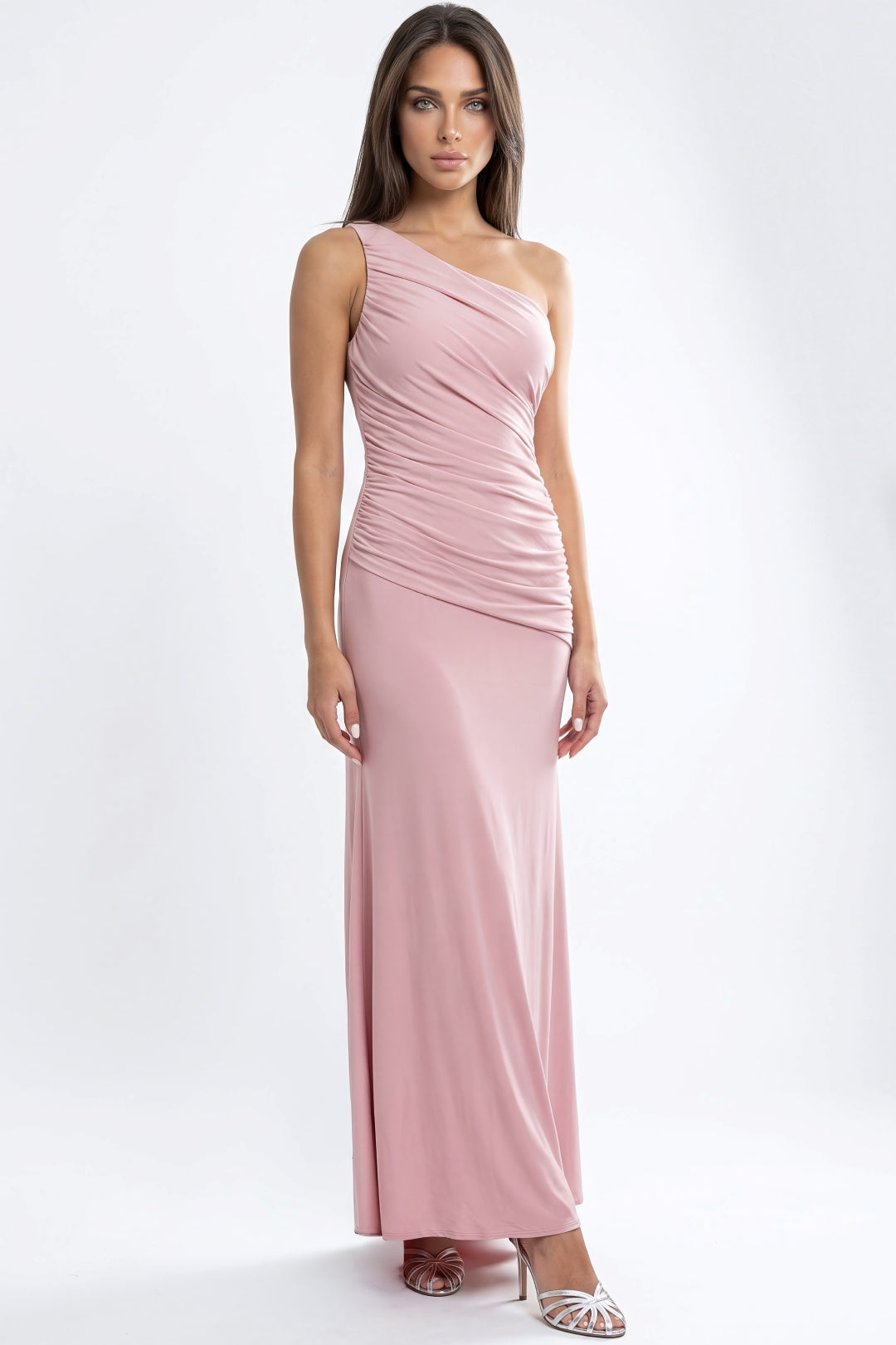 Dusty Pink One‑Shoulder Ruched Maxi Dress with Open Back