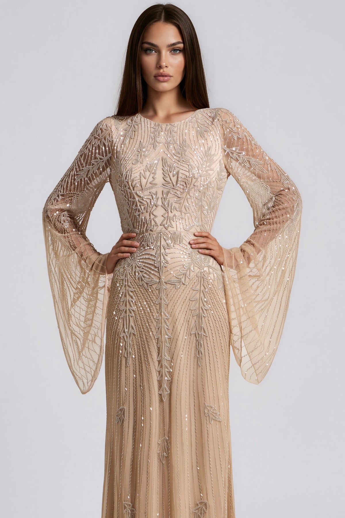 Nude Embellished Angel Sleeve Evening Maxi Dress