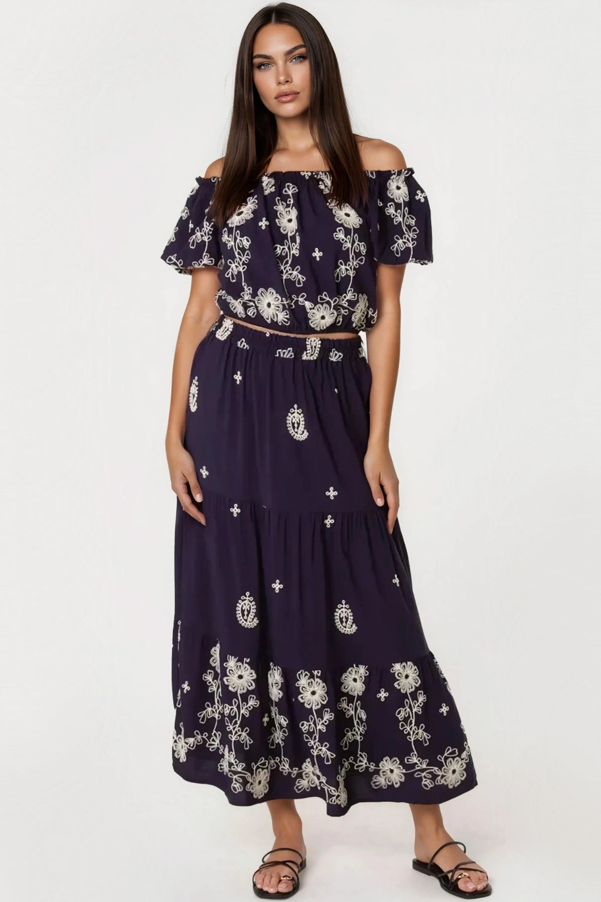 Navy Flower Embroidered Bardot Top & Maxi Skirt Co‑Ord Set
