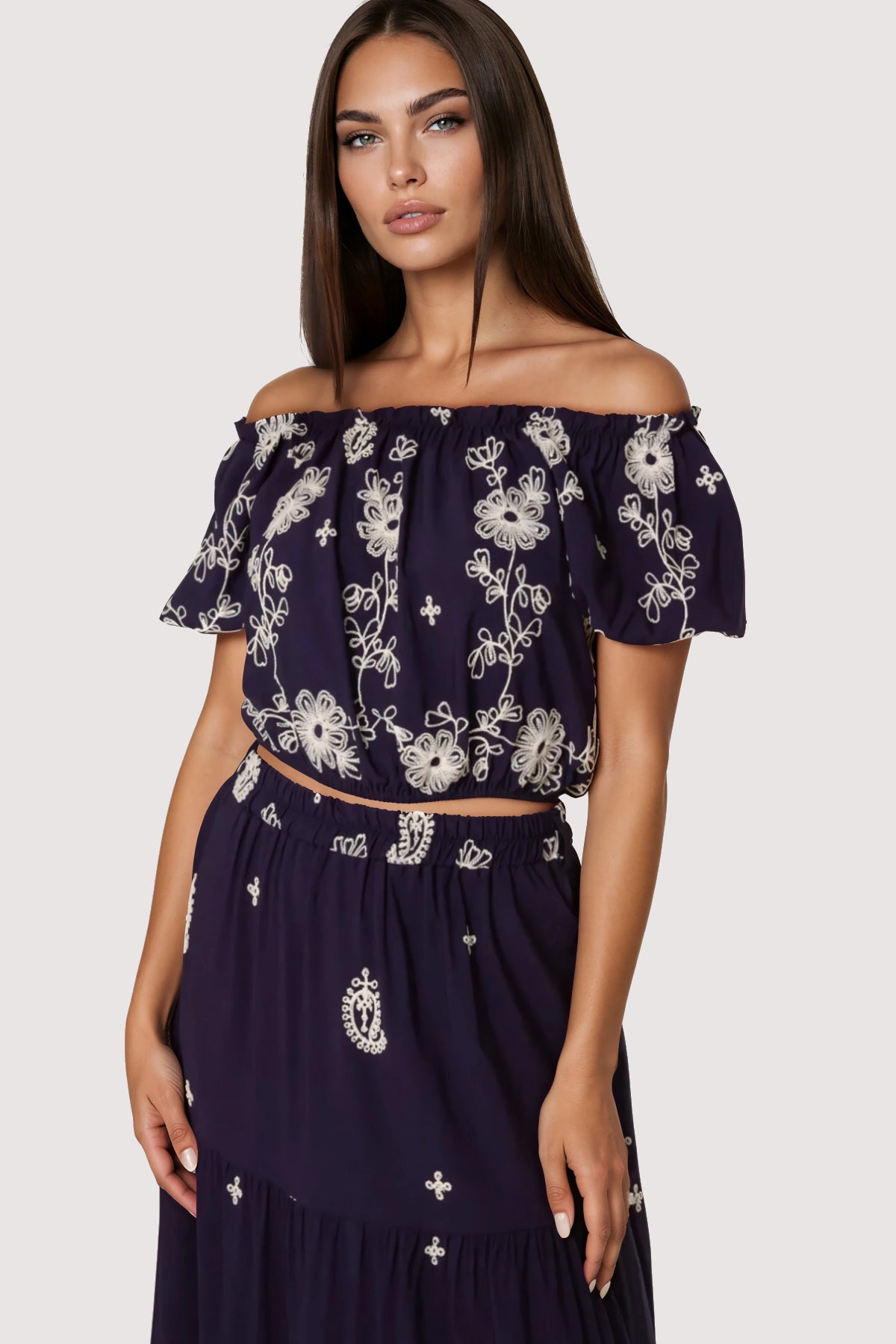 Navy Flower Embroidered Bardot Top & Maxi Skirt Co‑Ord Set