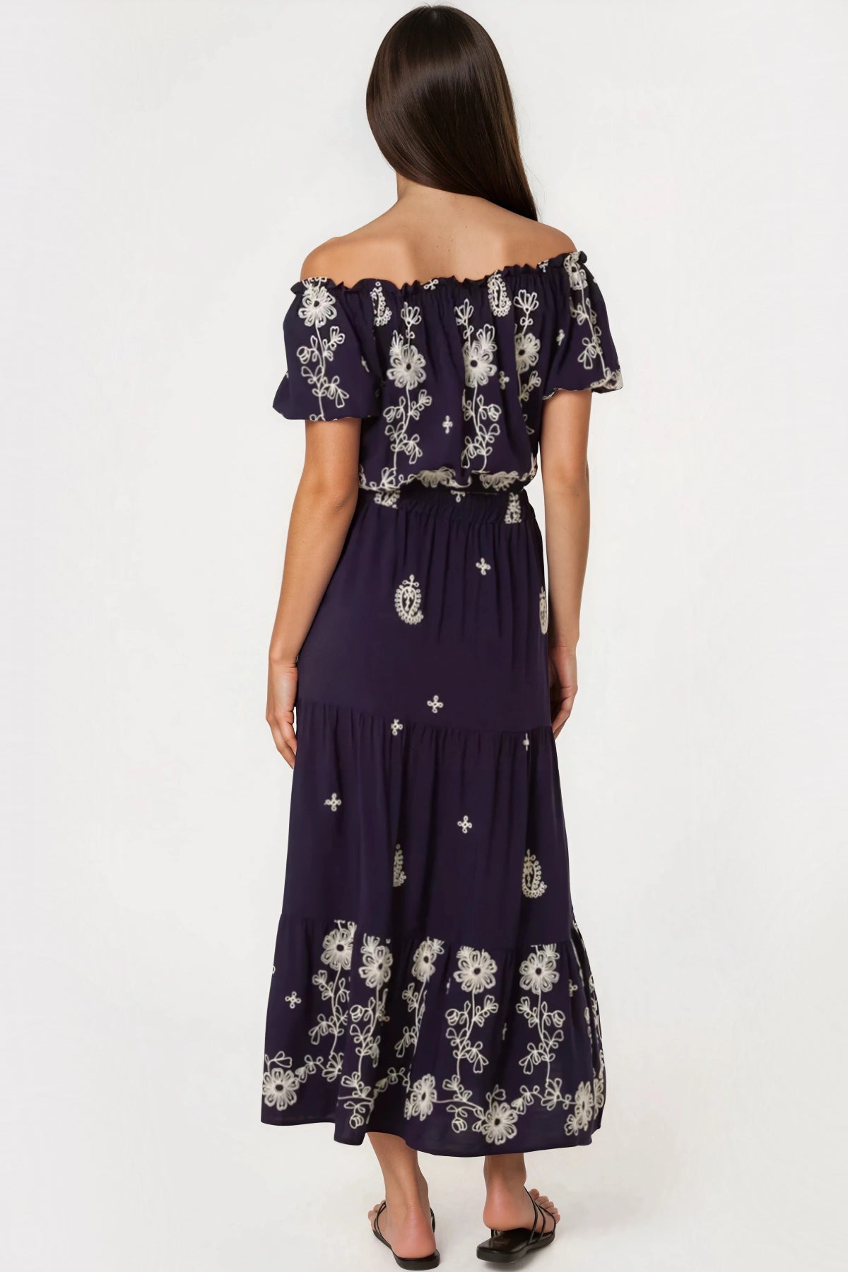 Navy Flower Embroidered Bardot Top & Maxi Skirt Co‑Ord Set