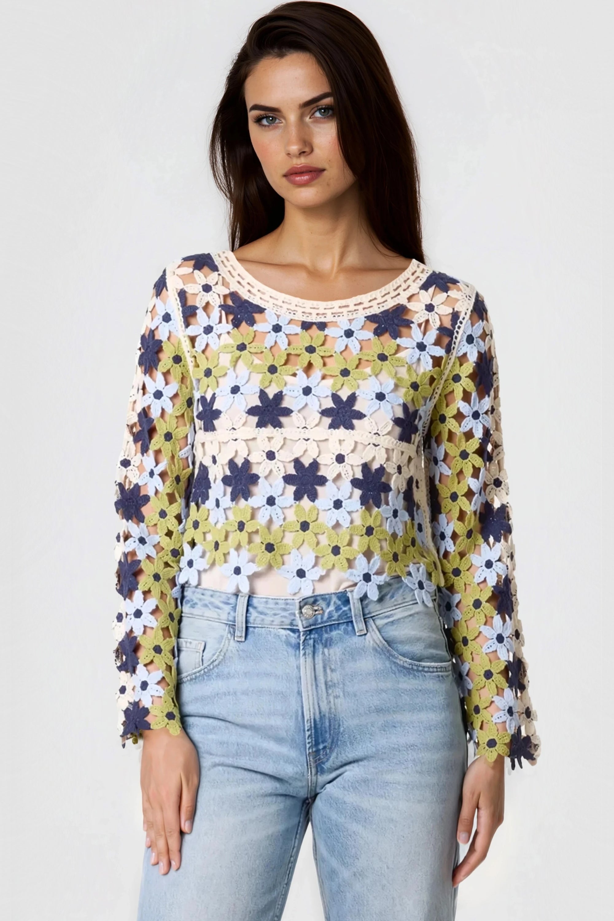 Navy Khaki Floral Crochet Cropped Jumper