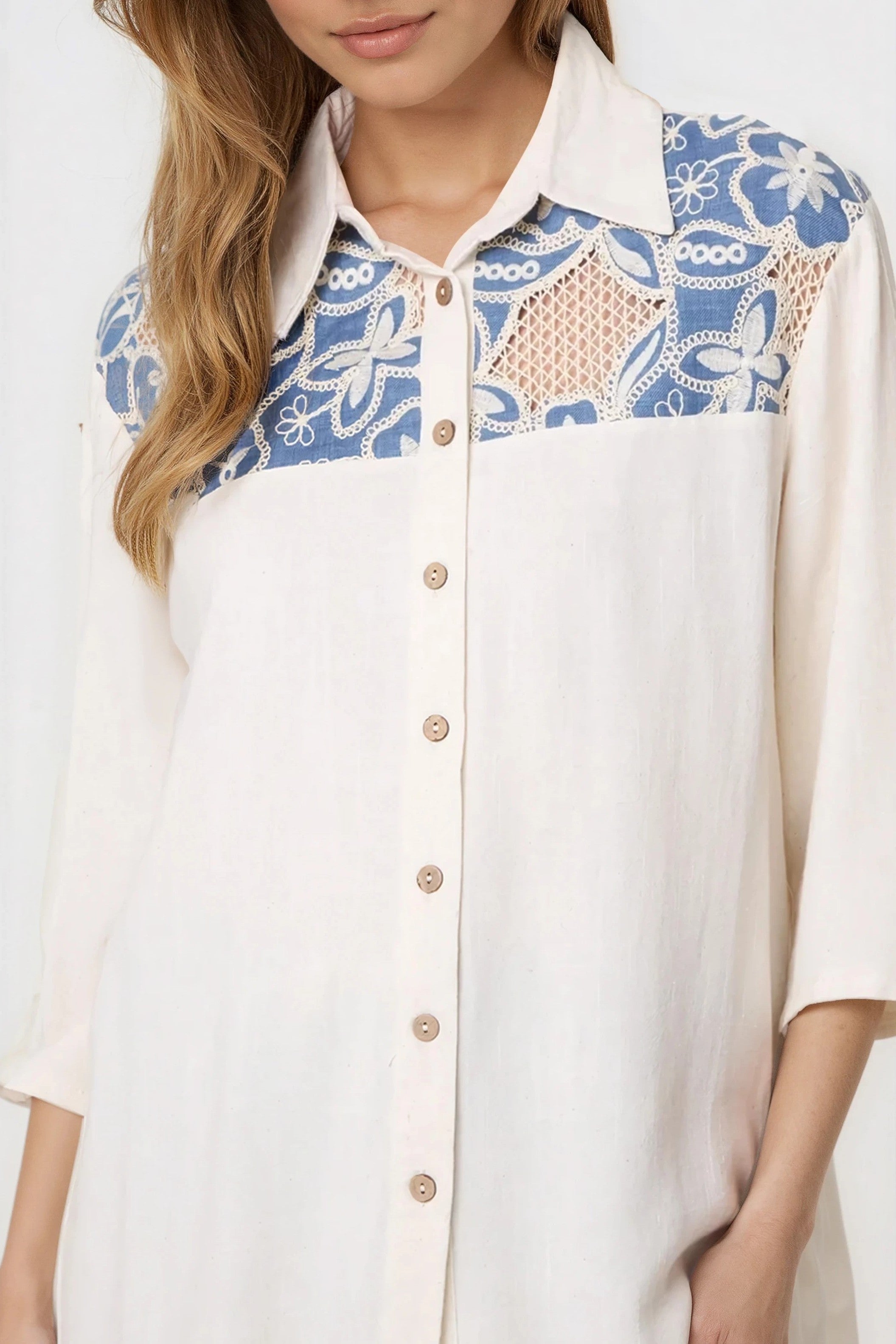 Denim Floral Crochet Linen Blend Shirt