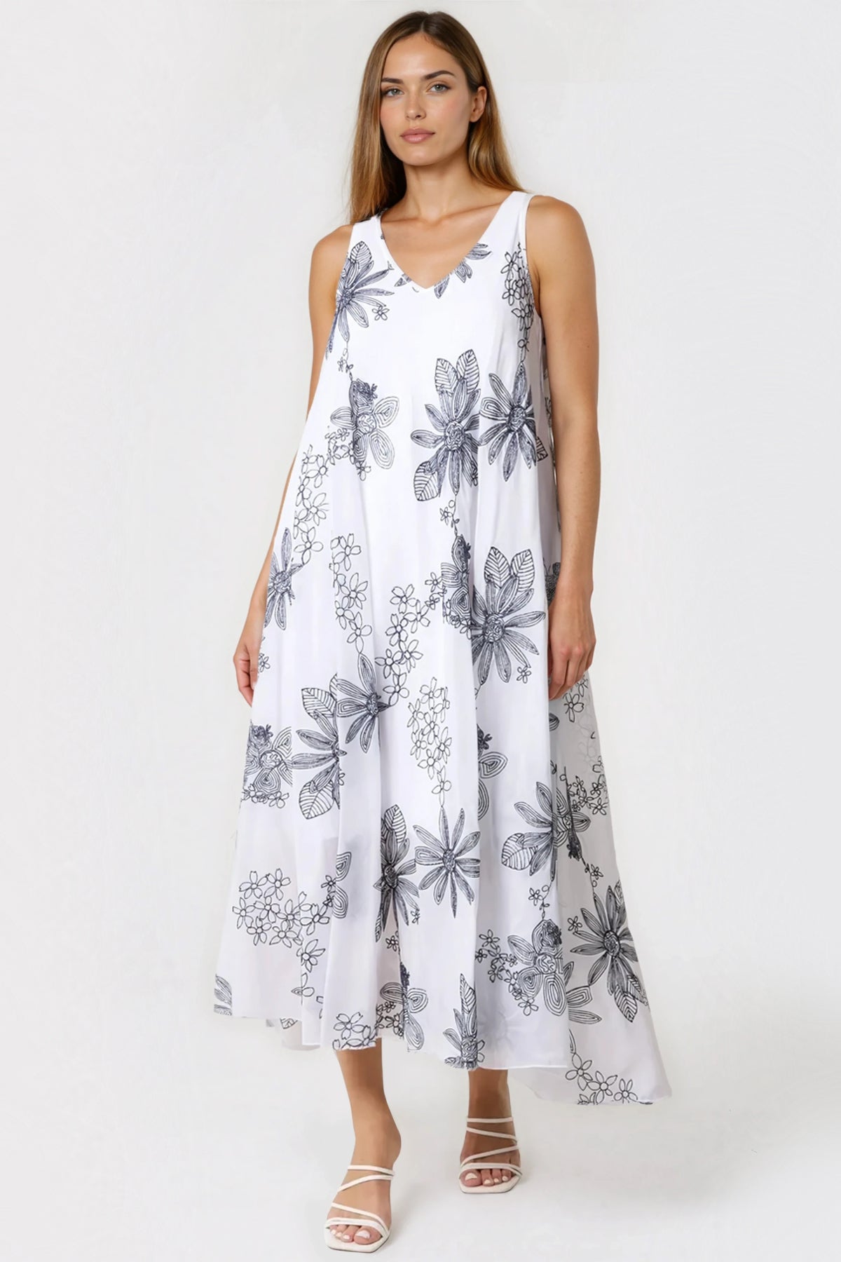White and Navy Floral Embroidered Cotton Maxi Dress
