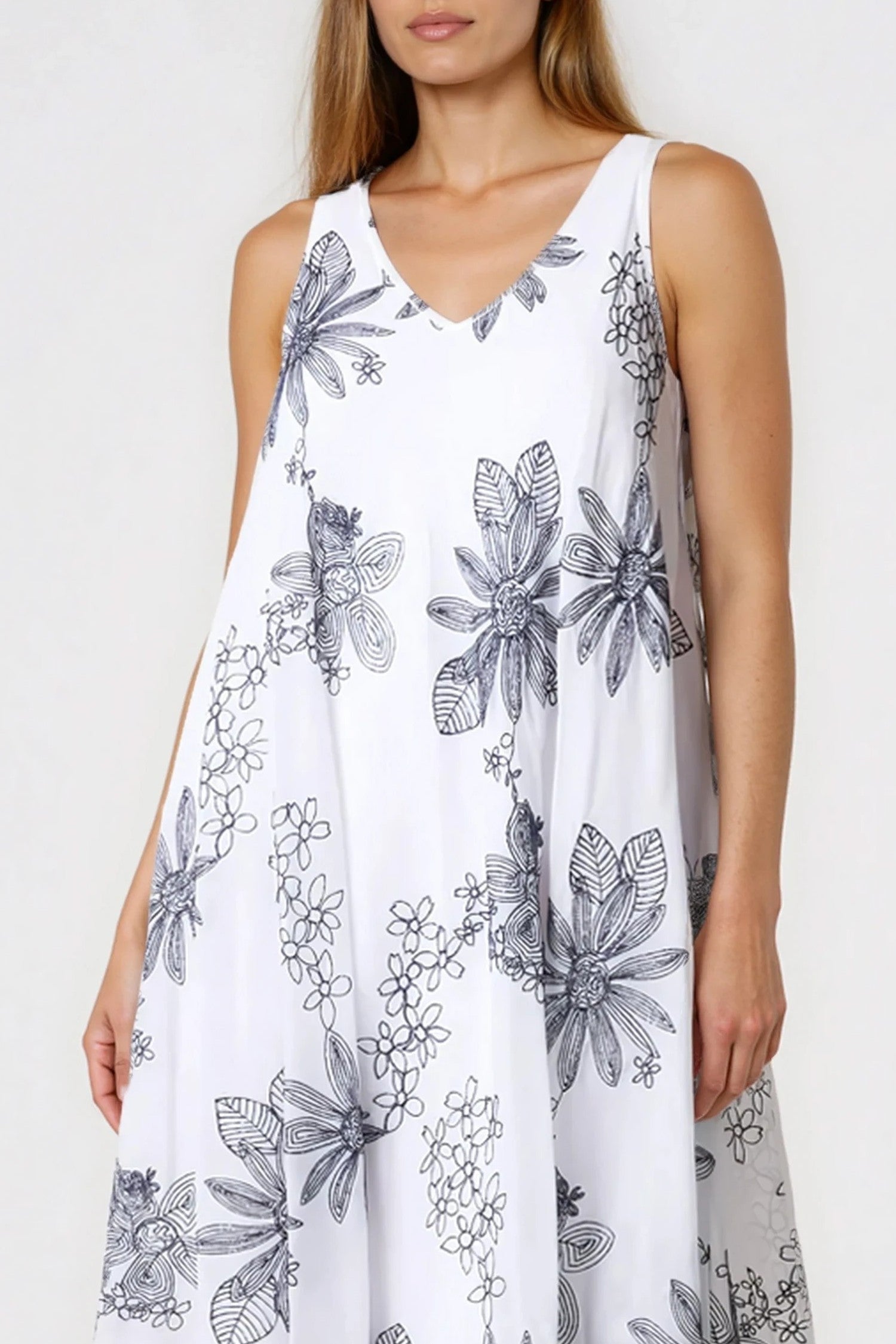 White and Navy Floral Embroidered Cotton Maxi Dress
