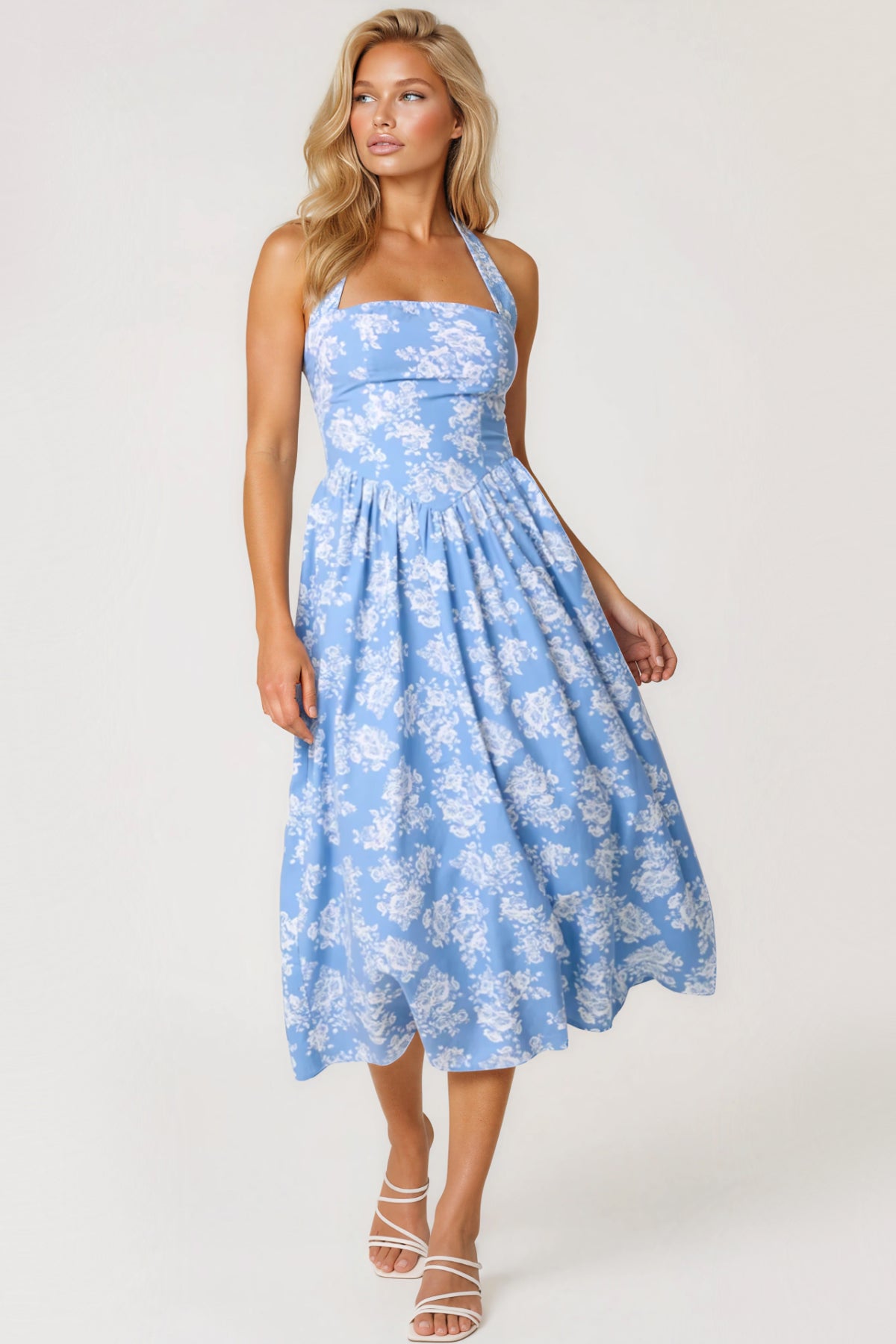 blue halterneck midi dress Blue Floral Halterneck Midi Dress
