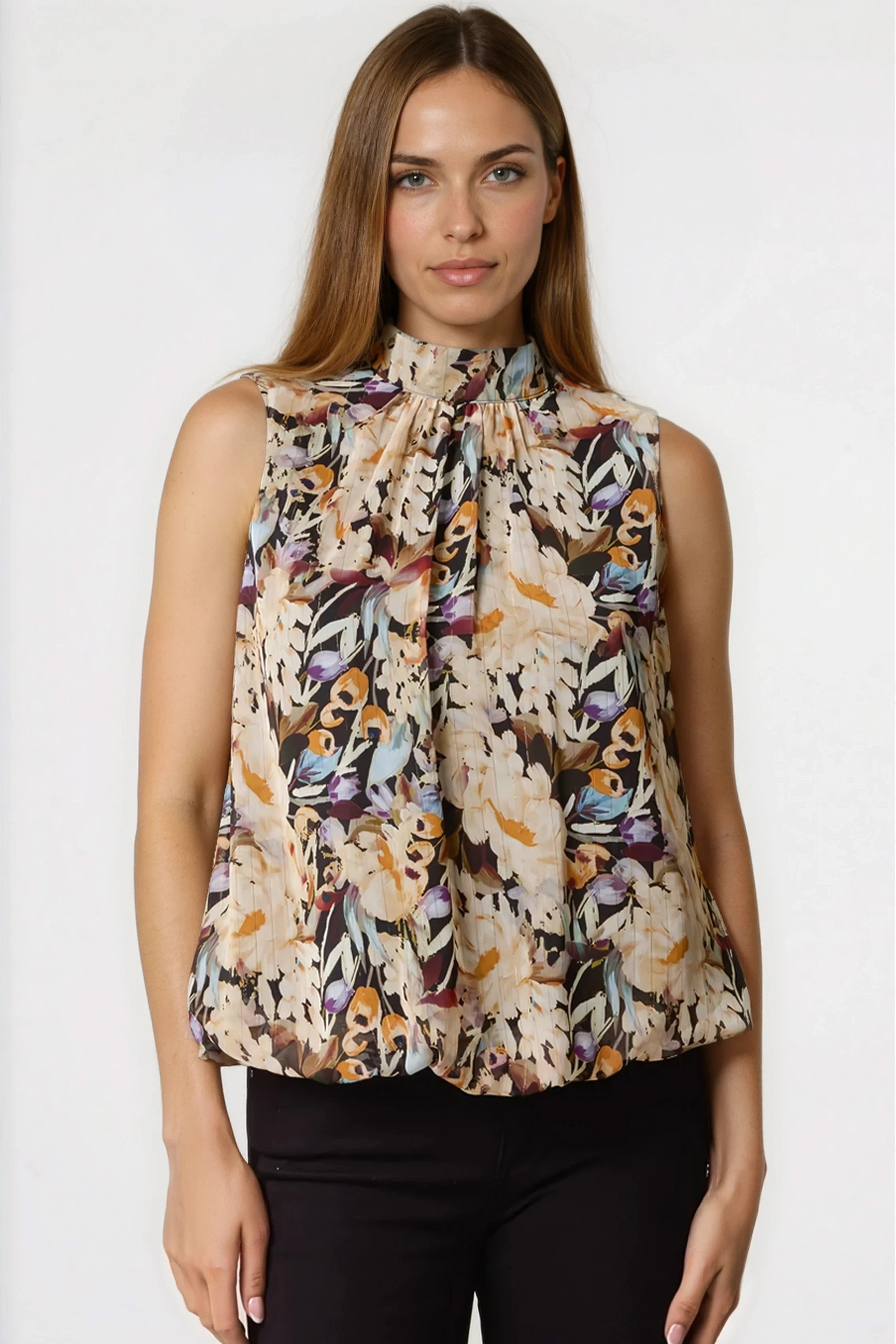 Black Floral High Neck Puffball Top