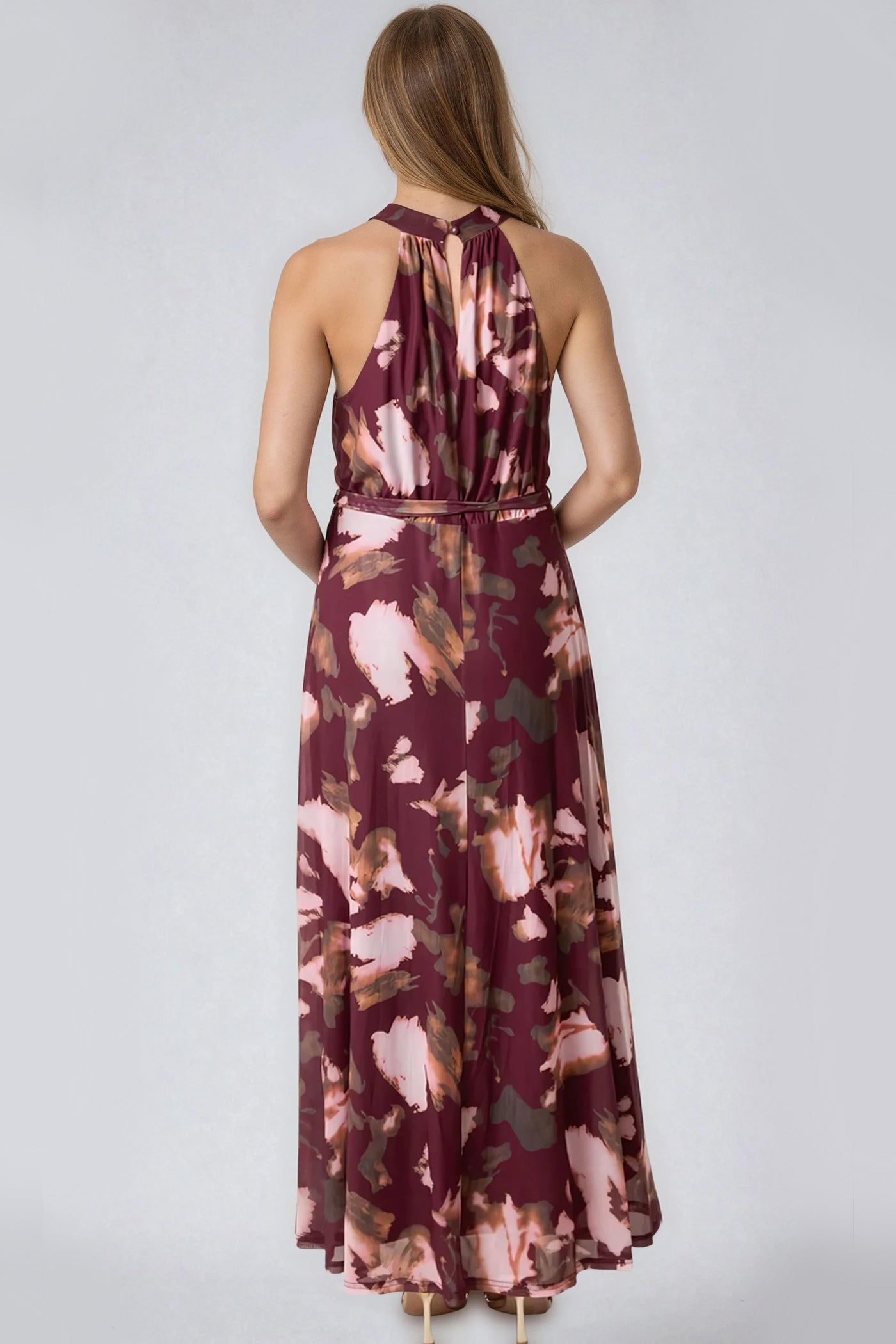Wine Floral Halterneck Belted Maxi Dress
