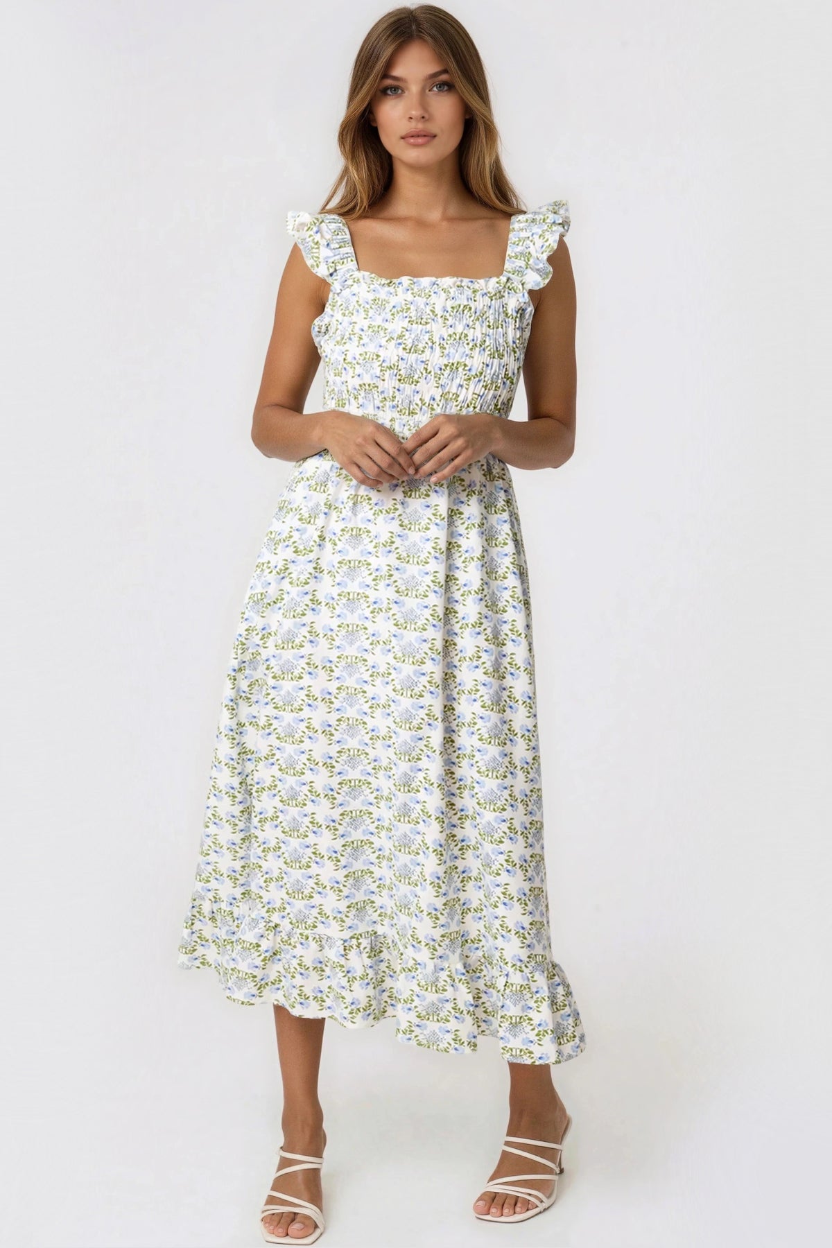 Blue Floral Open Tie Back Midi Dress