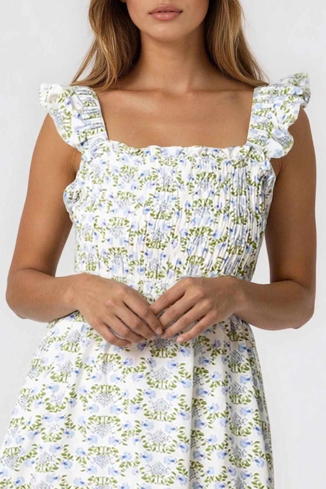 Blue Floral Open Tie Back Midi Dress