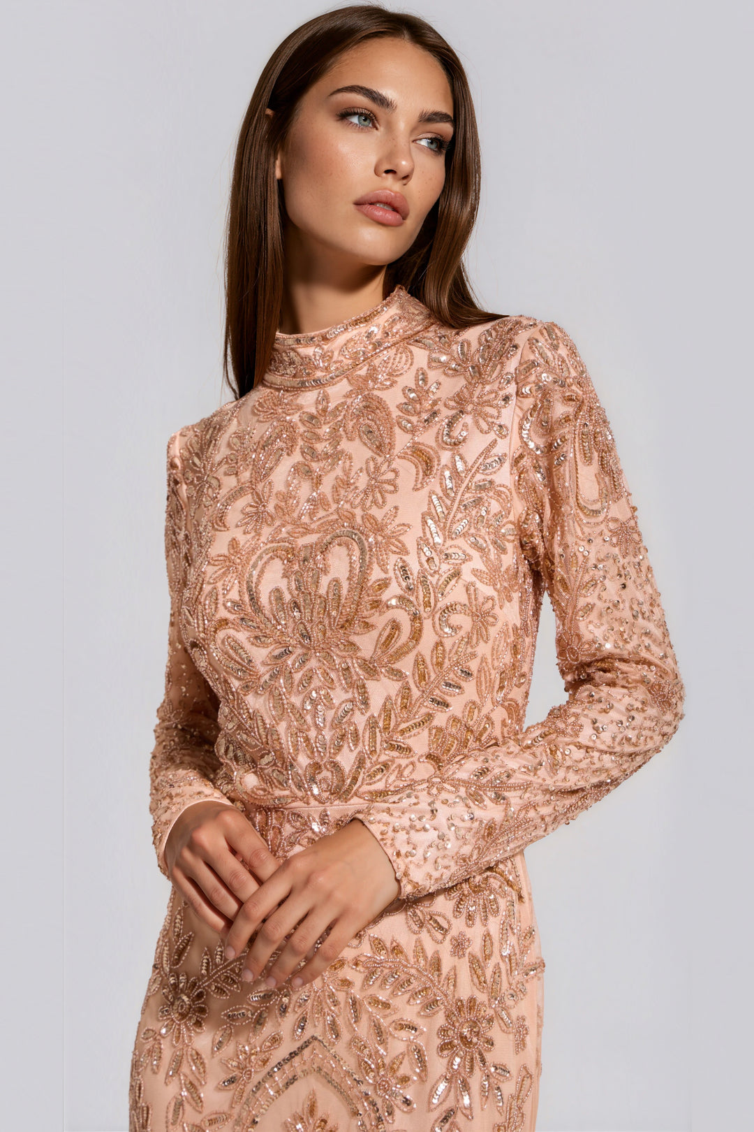 Champagne Peach Embellished High Neck Maxi Dress