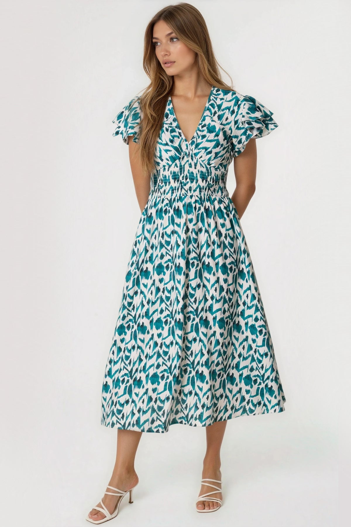 Teal Ikat Print Shirred V-Neck Midi Dress