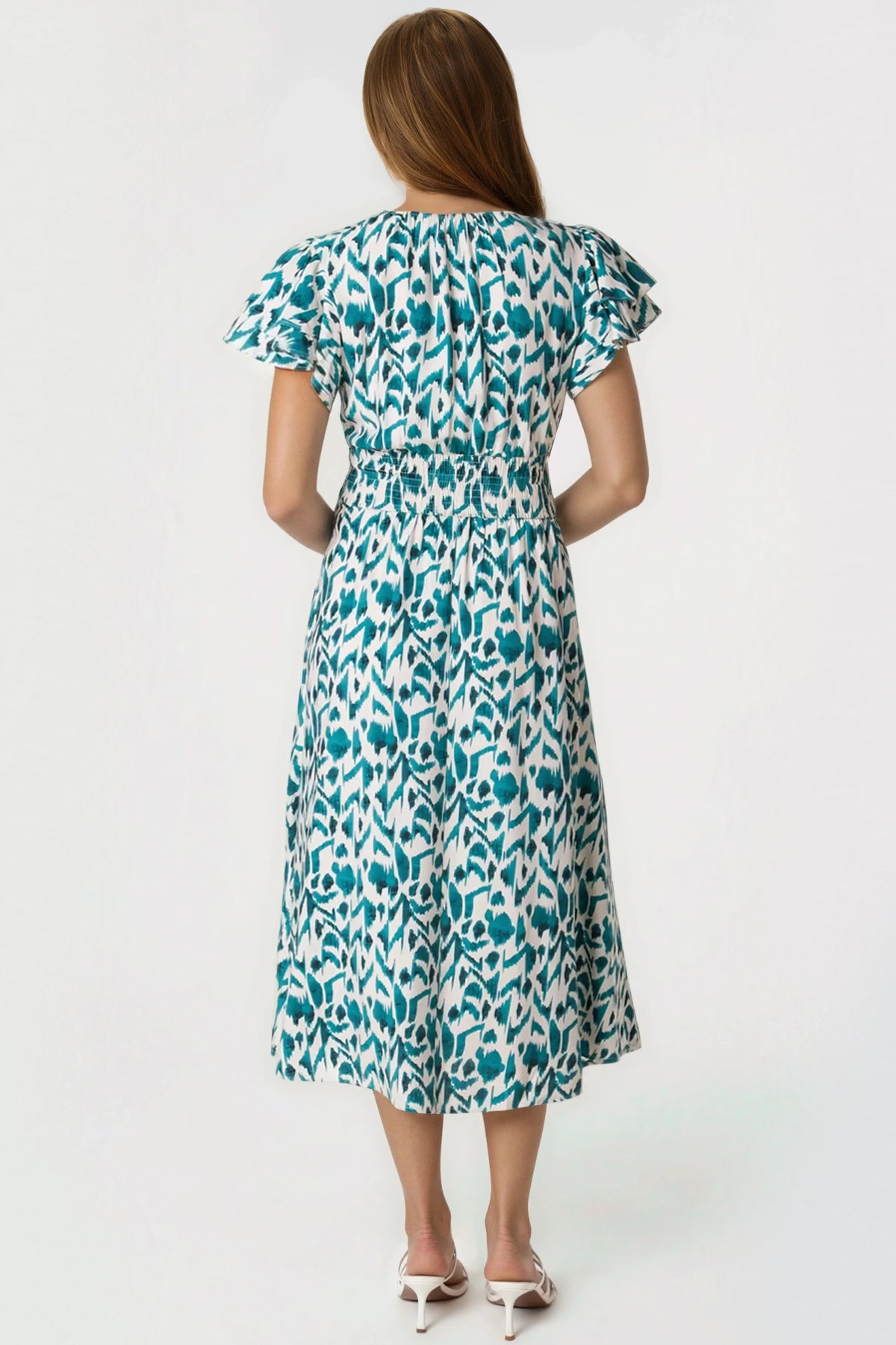 Teal Ikat Print Shirred V-Neck Midi Dress