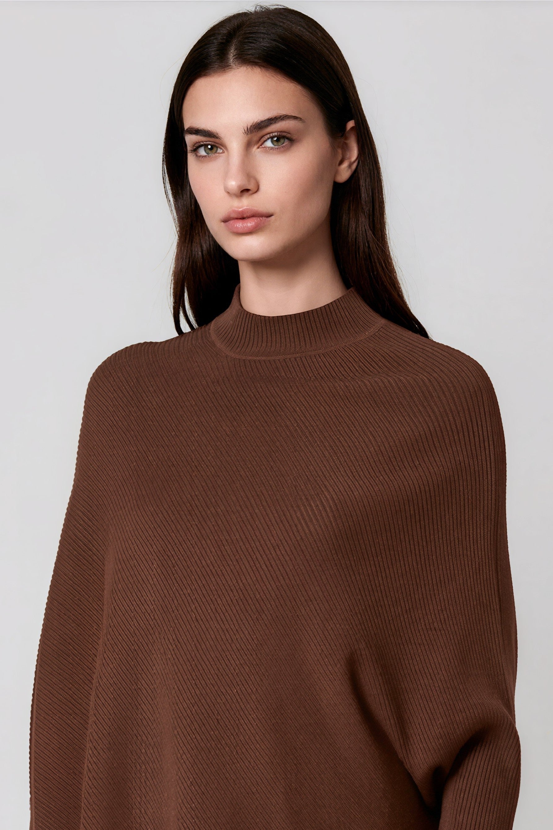 Brown Ribbed High Neck Jumper