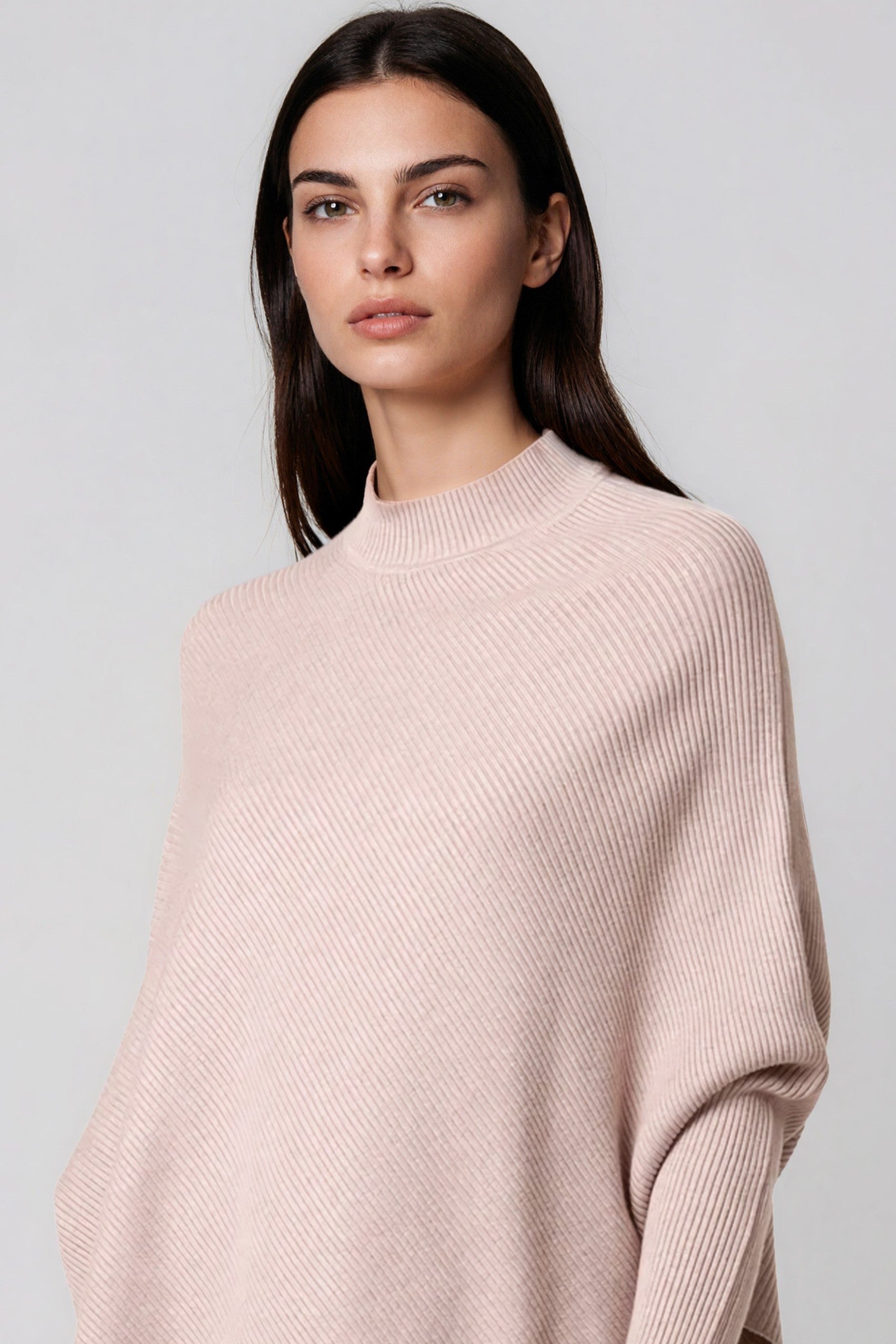 Beige Ribbed High Neck Jumper