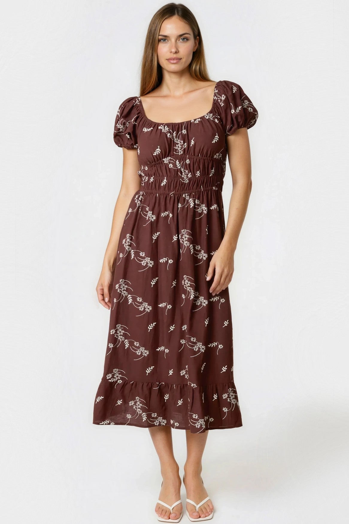 Brown Embroidered Milkmaid Midi Dress