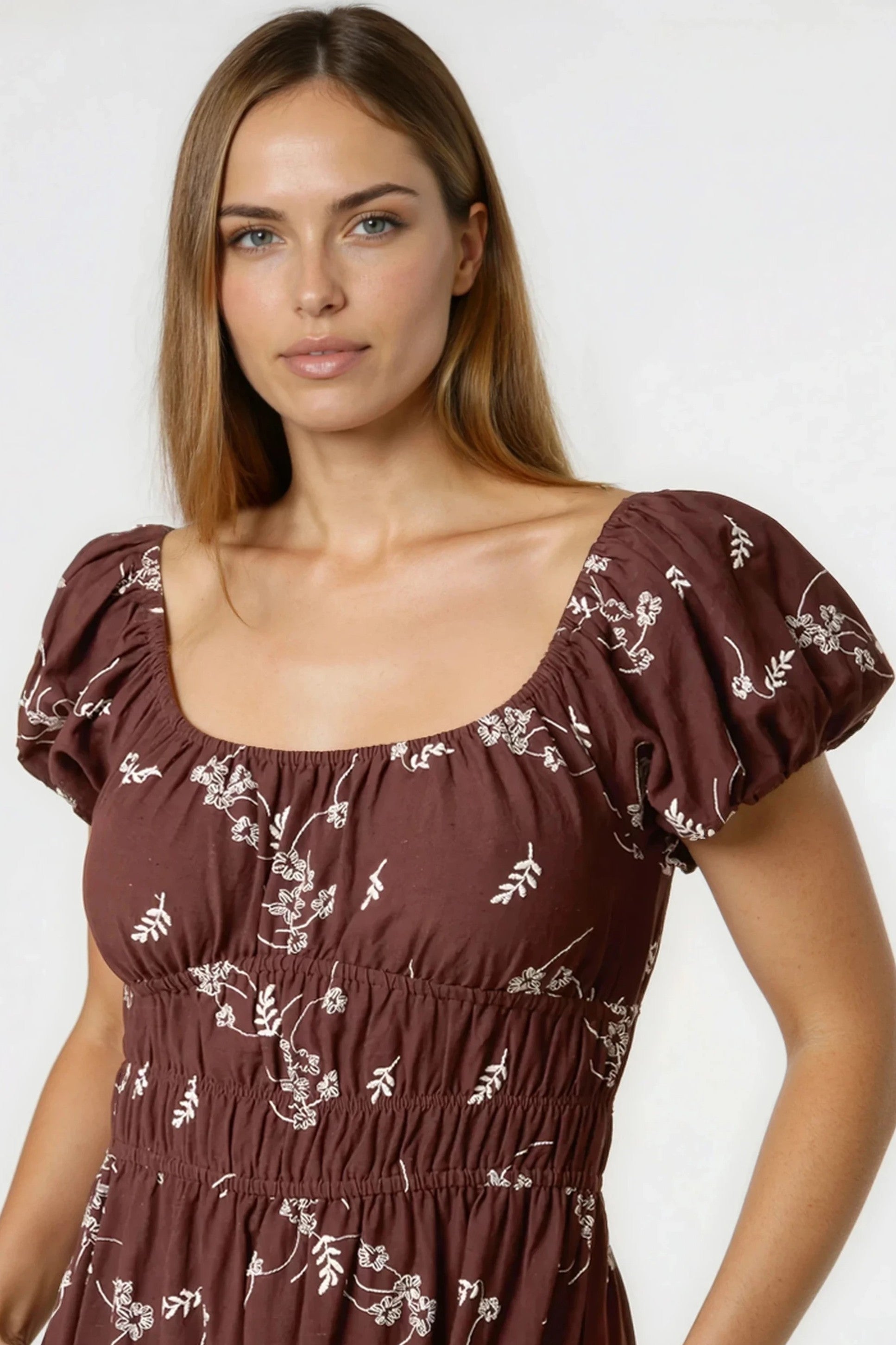 Brown Embroidered Milkmaid Midi Dress