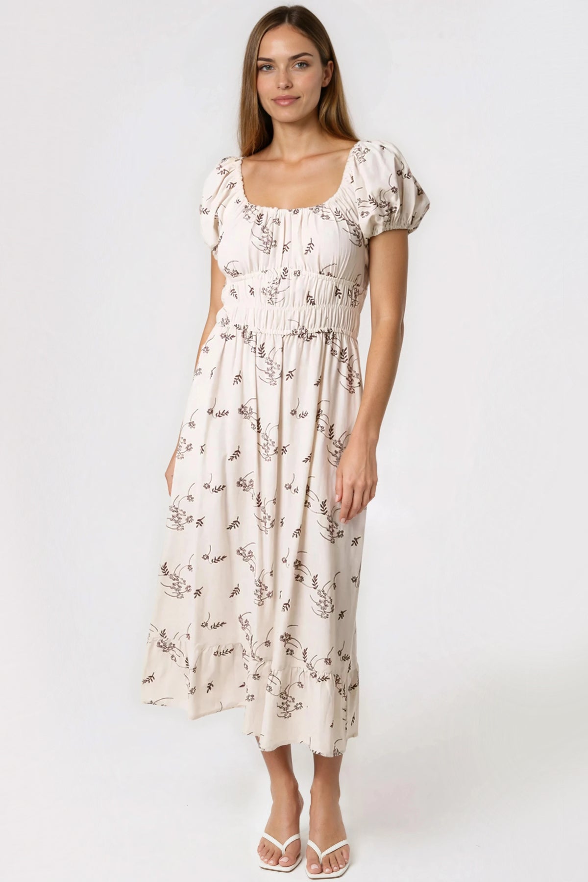 Beige Embroidered Milkmaid Midi Dress