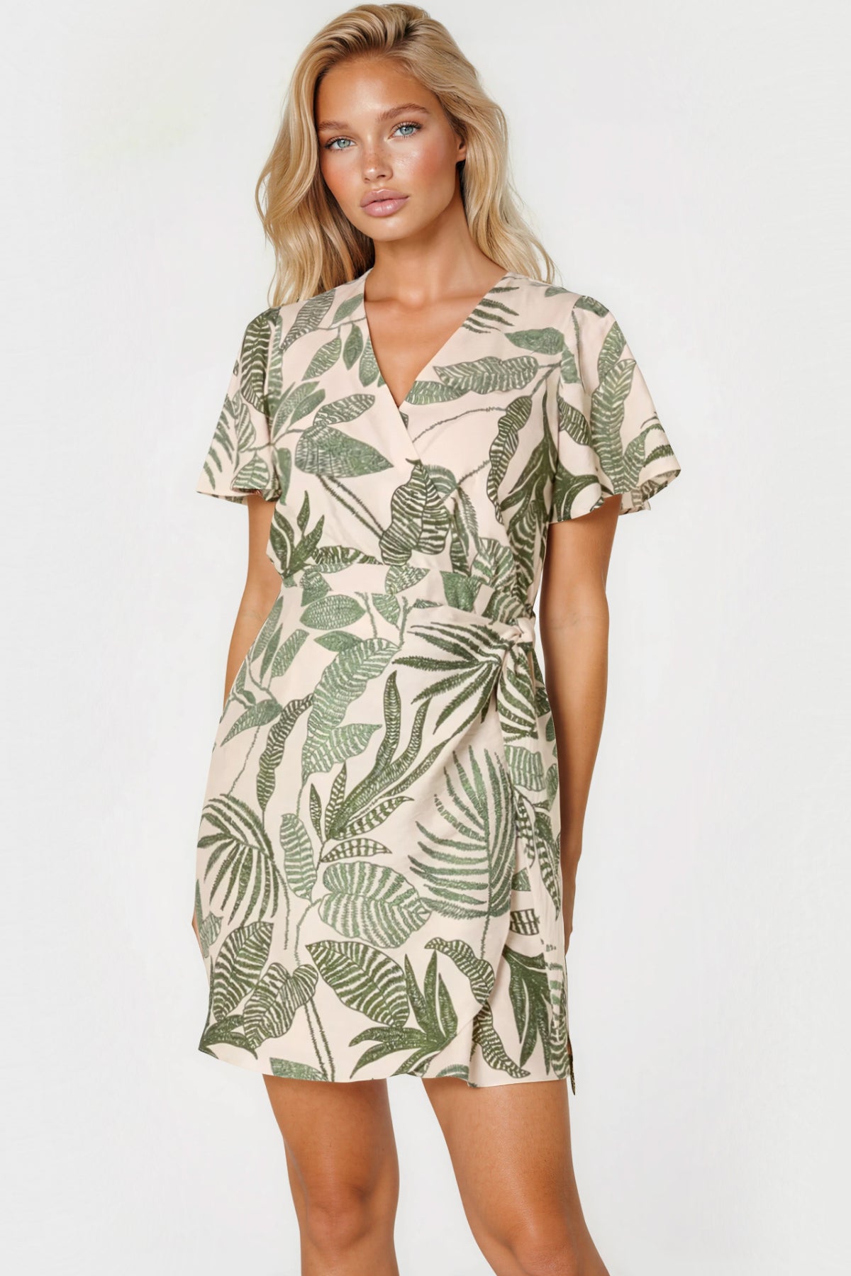 leaf print mini dress Green Leaf Print Wrap Front Mini Dress