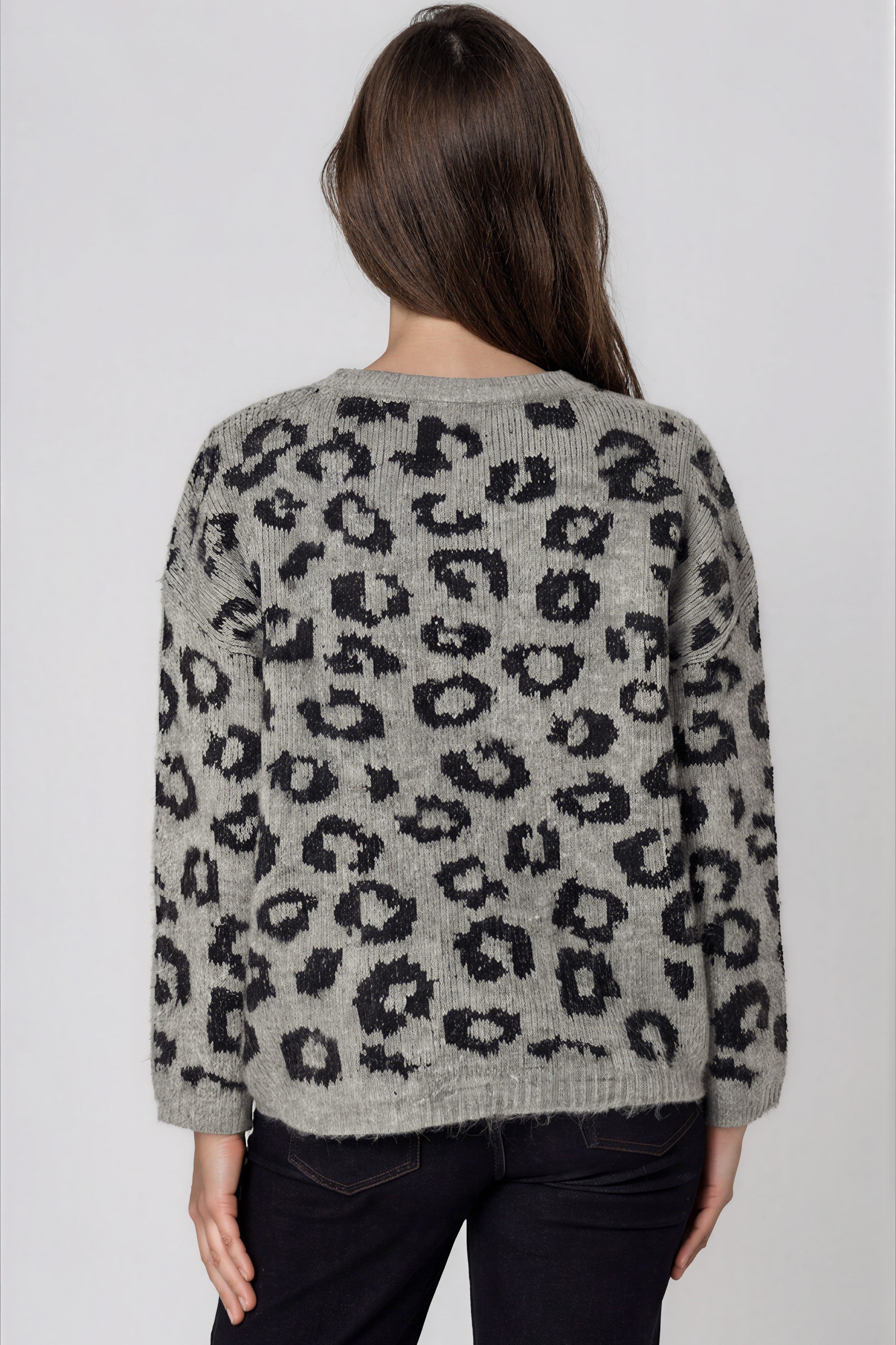 Grey Leopard Pattern Wool‑Blend Knit Jumper