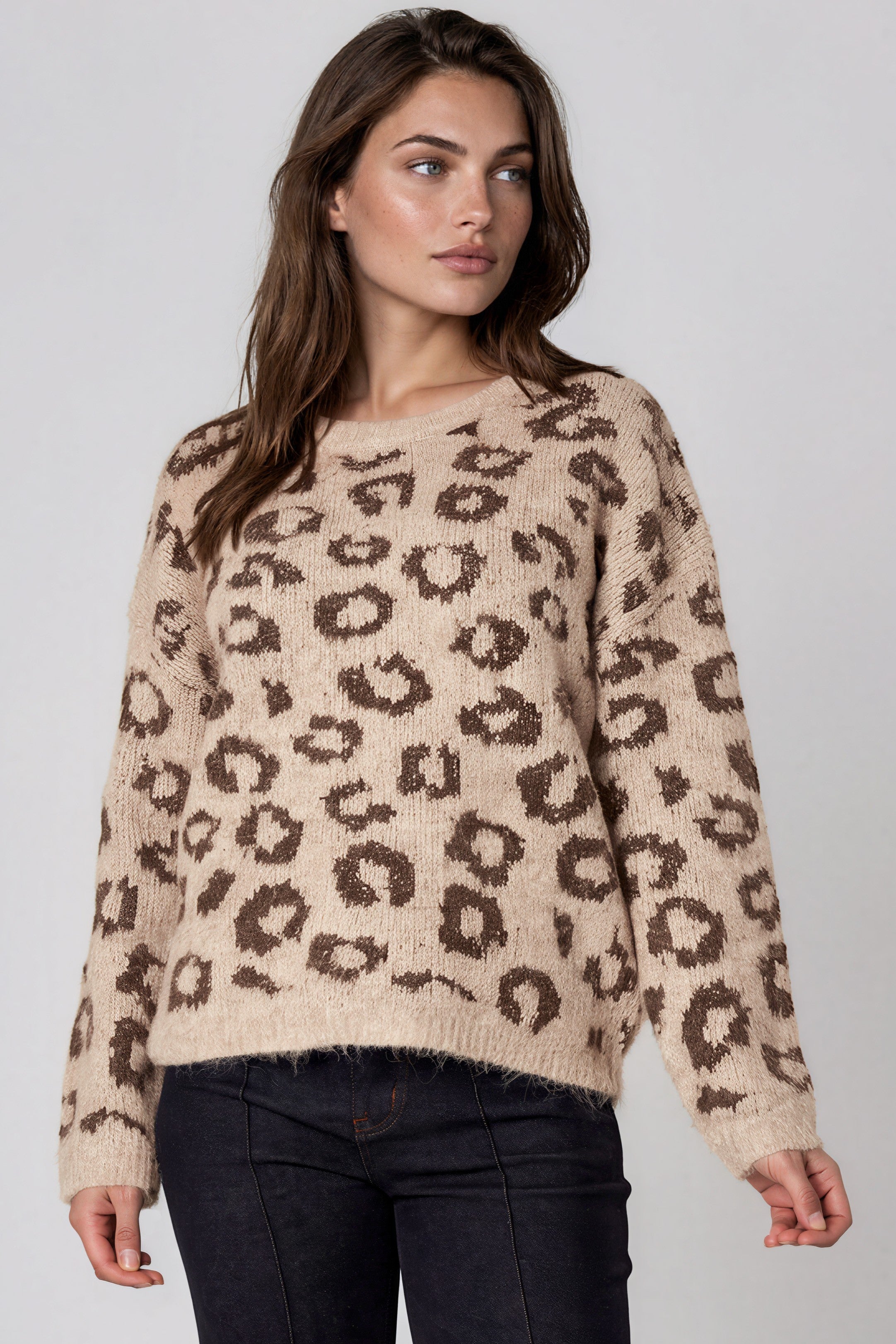 Beige Leopard Pattern Wool‑Blend Knit Jumper