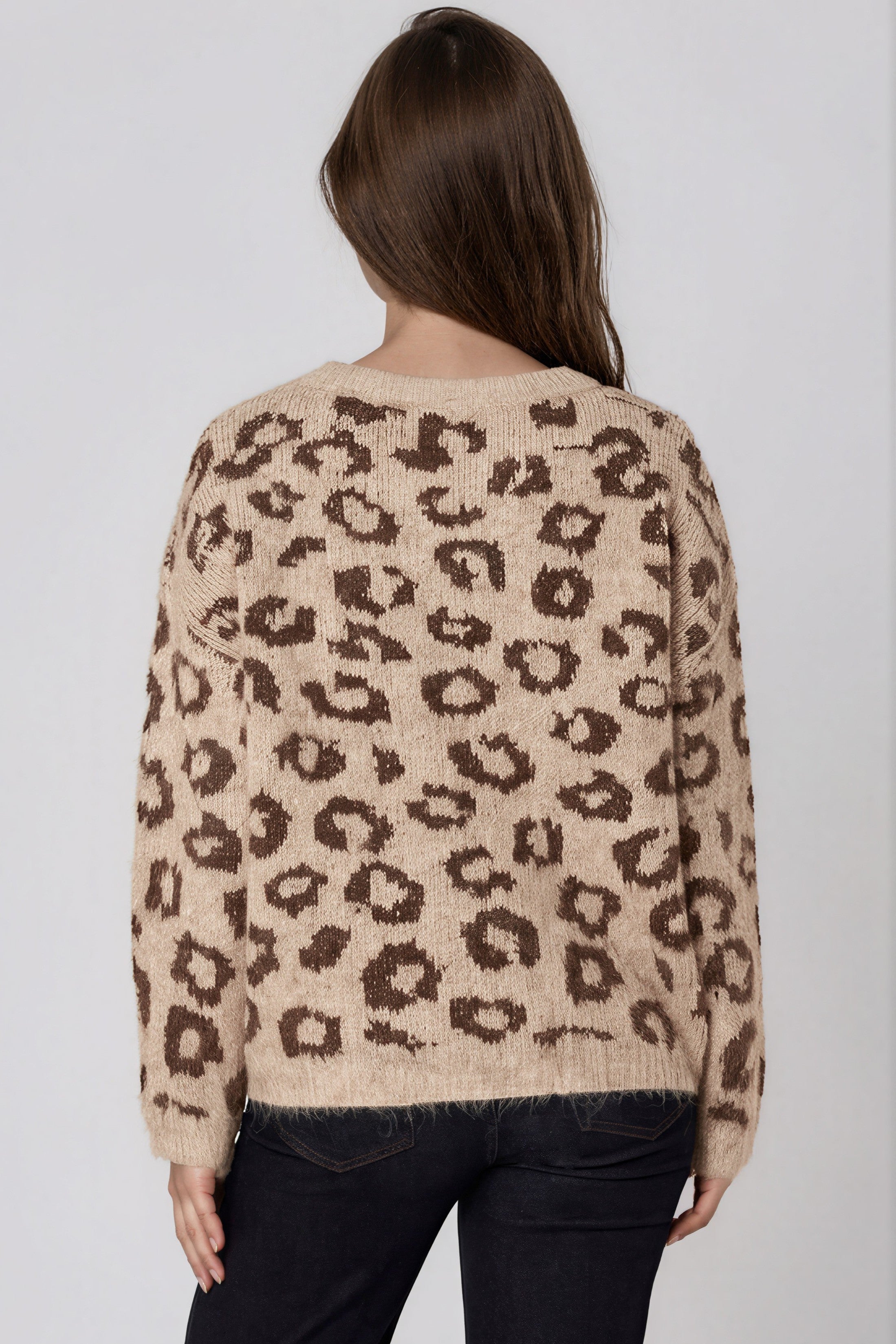 Beige Leopard Pattern Wool‑Blend Knit Jumper