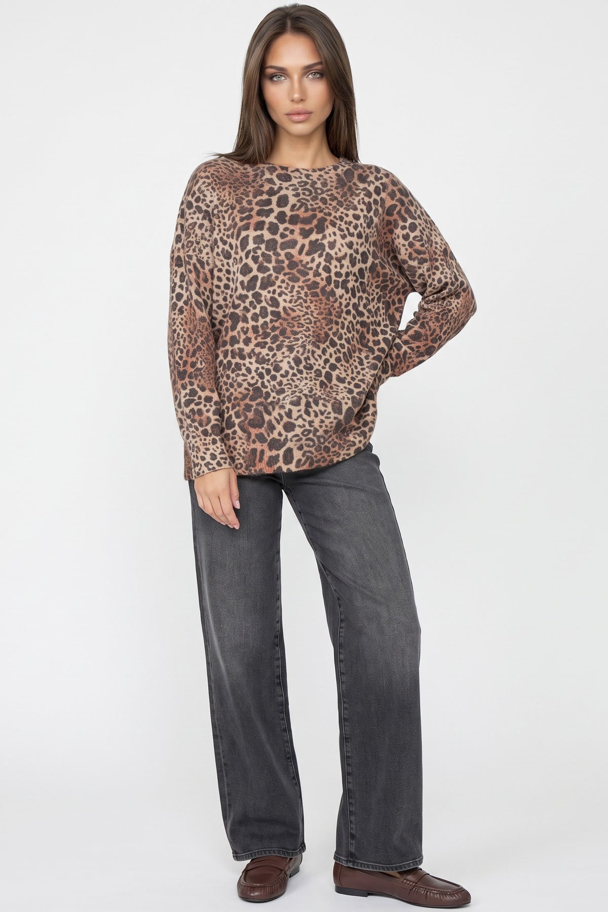 Brown Leopard Print Fine Knit Jumper
