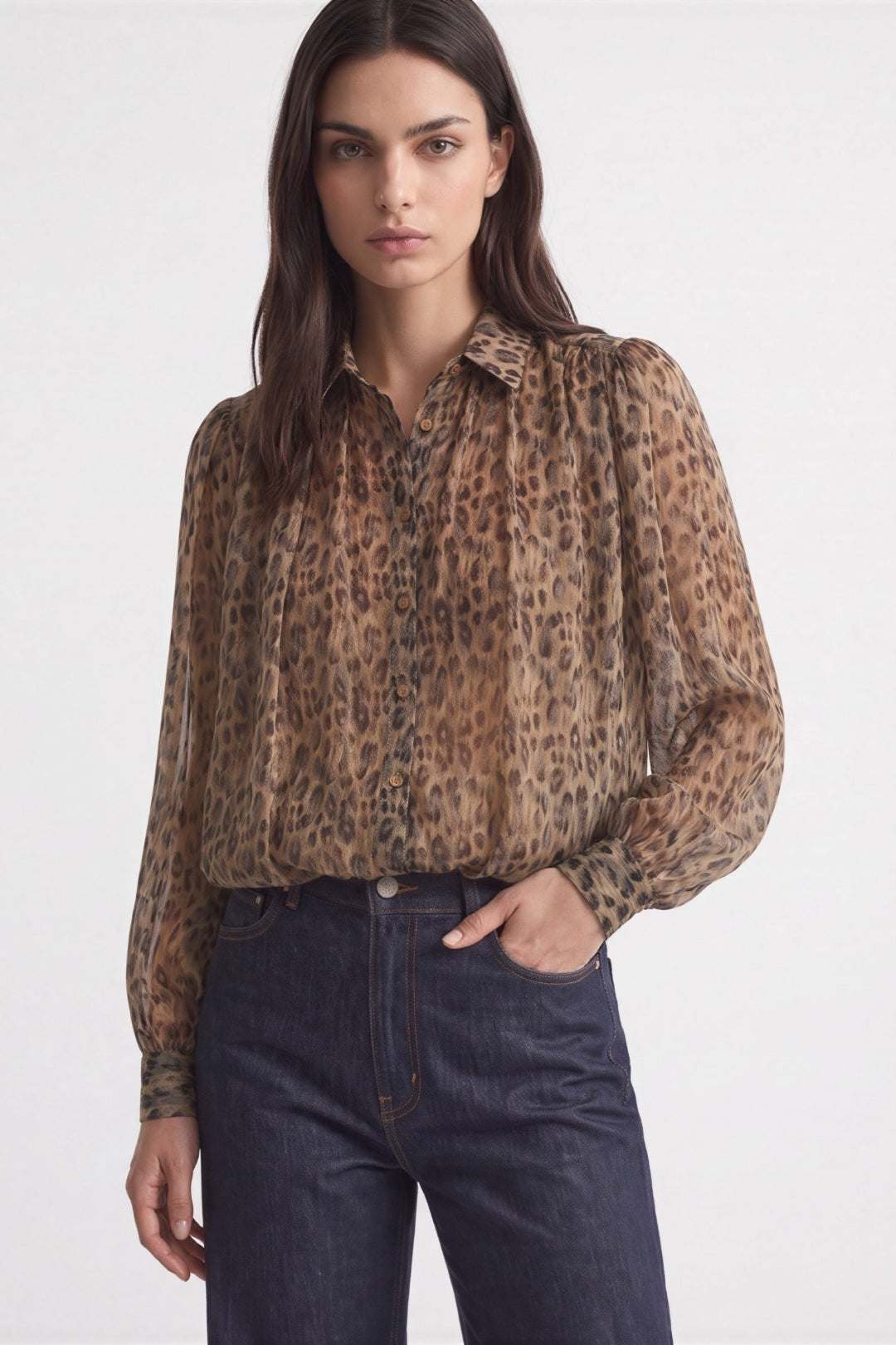 Leopard Print Long Sleeve Puffball Blouse