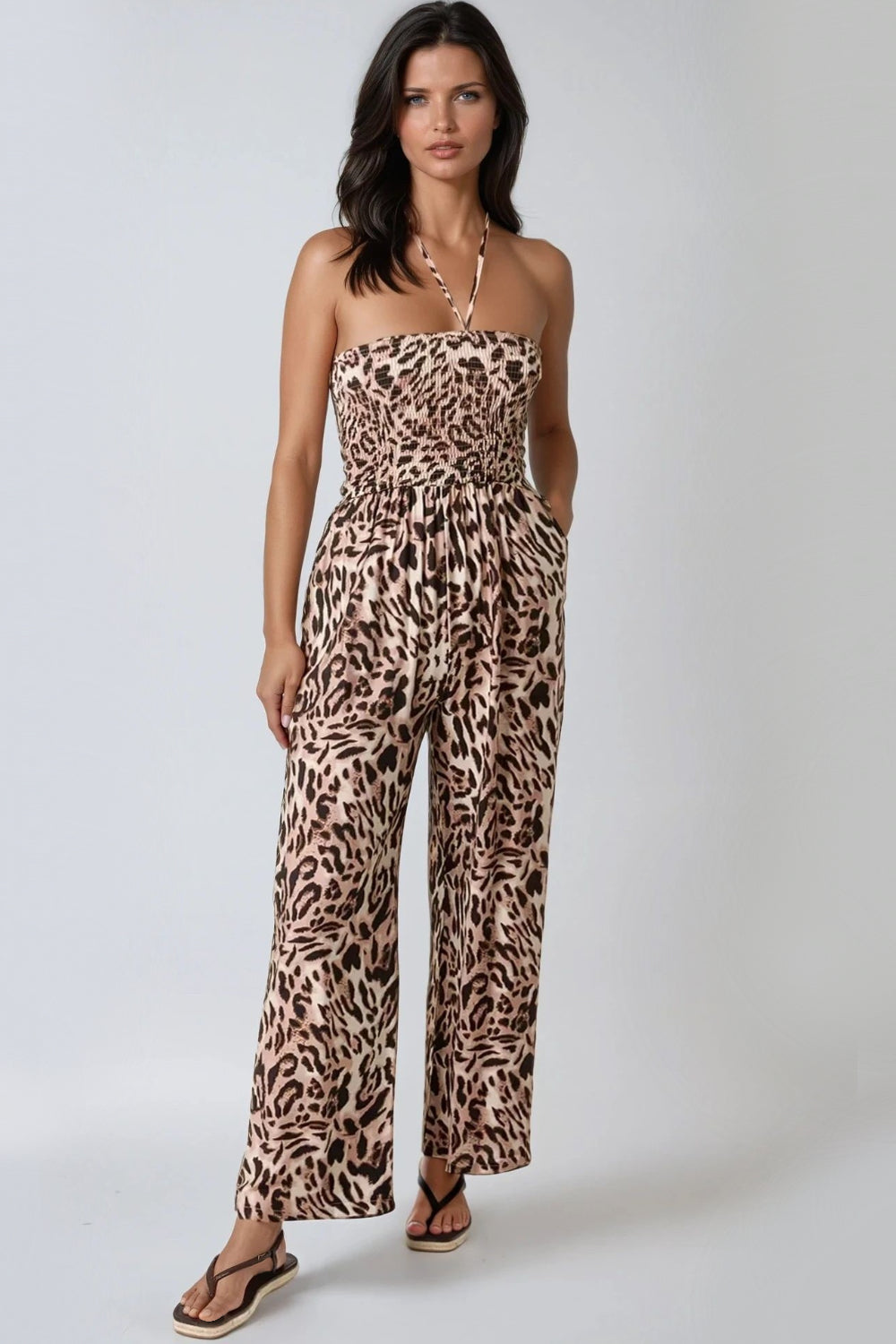 Leopard Print Shirred Jumpsuit