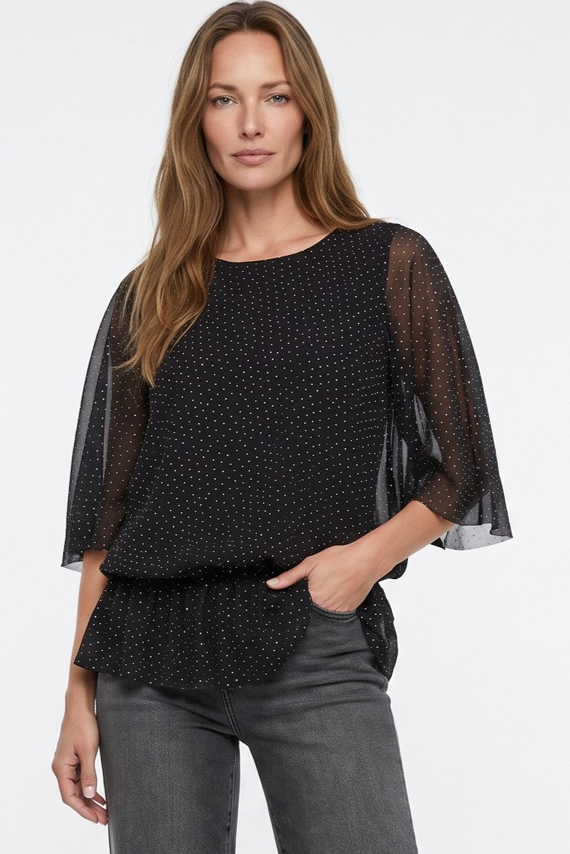 Black Diamante Mesh Batwing Sleeve Top