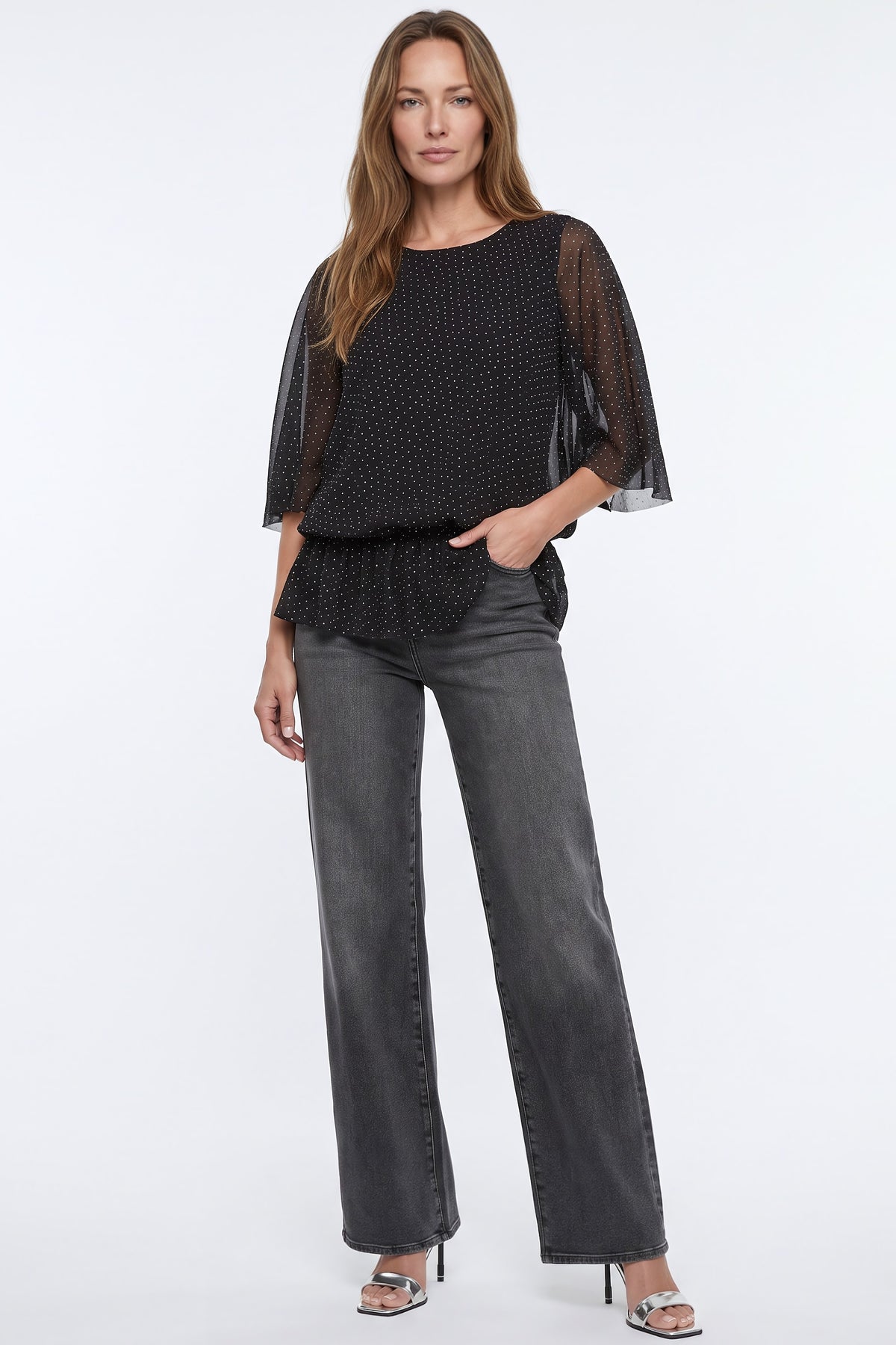 Black Diamante Mesh Batwing Sleeve Top