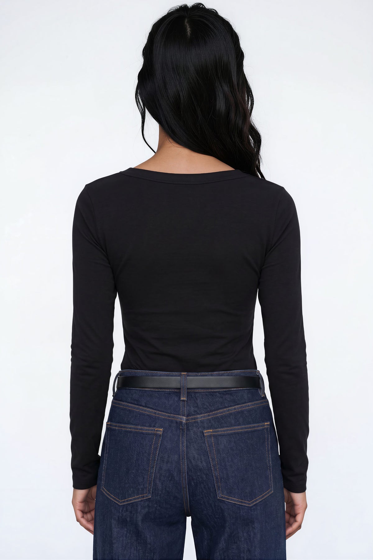 Black Cotton Long Sleeve Scoop Neck Top