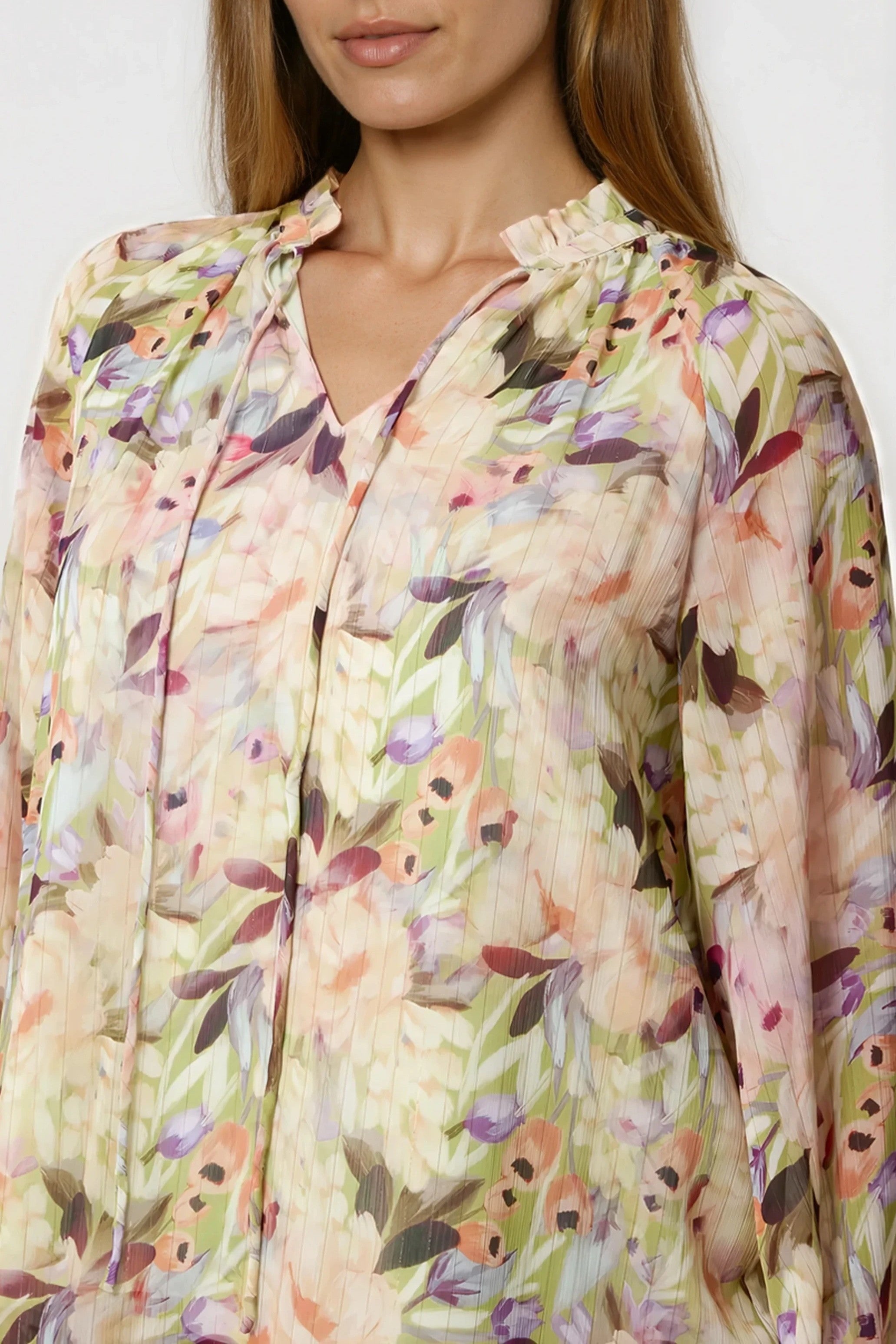 Green Floral Print Tie Neck Blouse