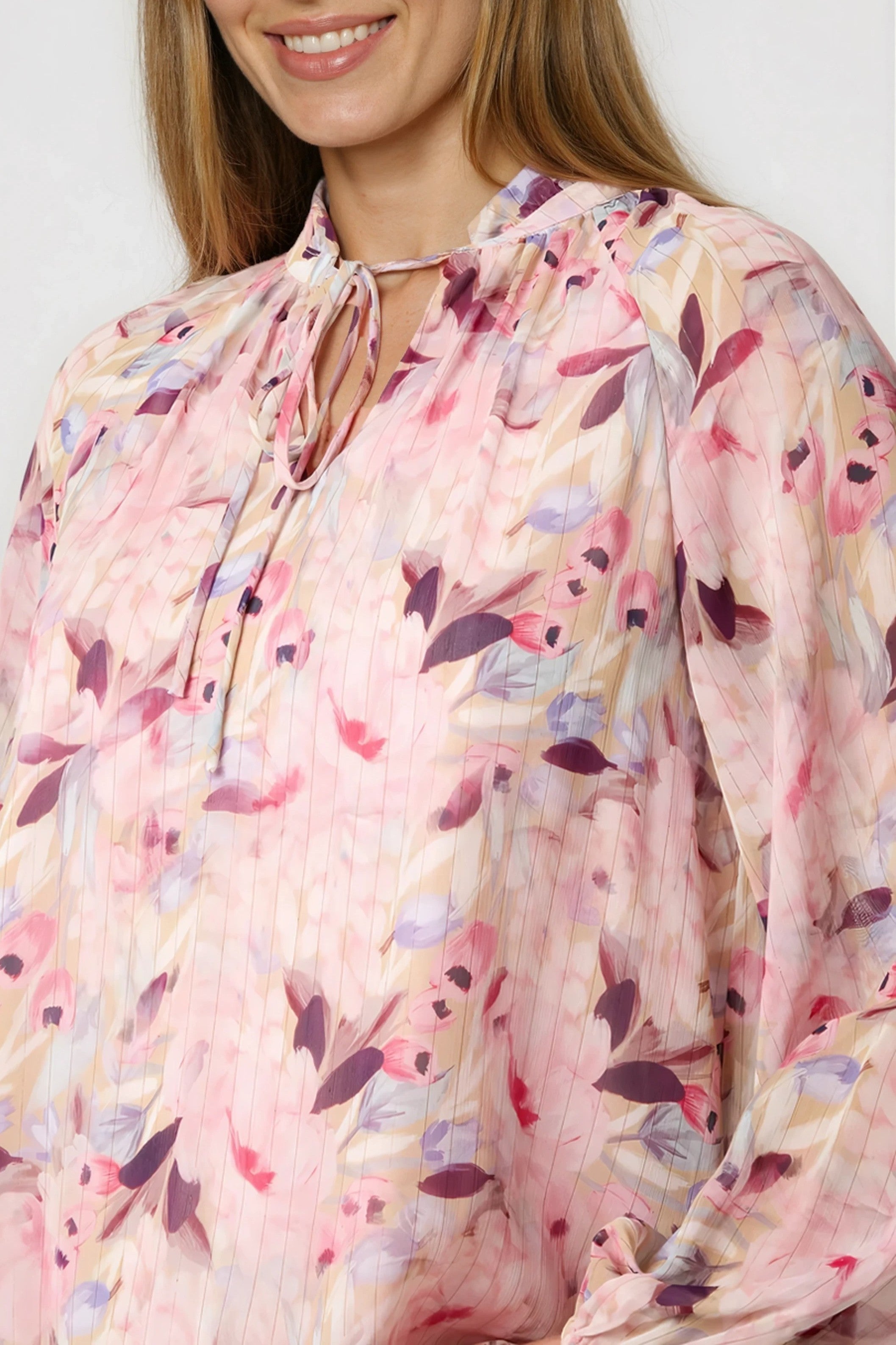 Pink Floral Print Tie Neck Blouse