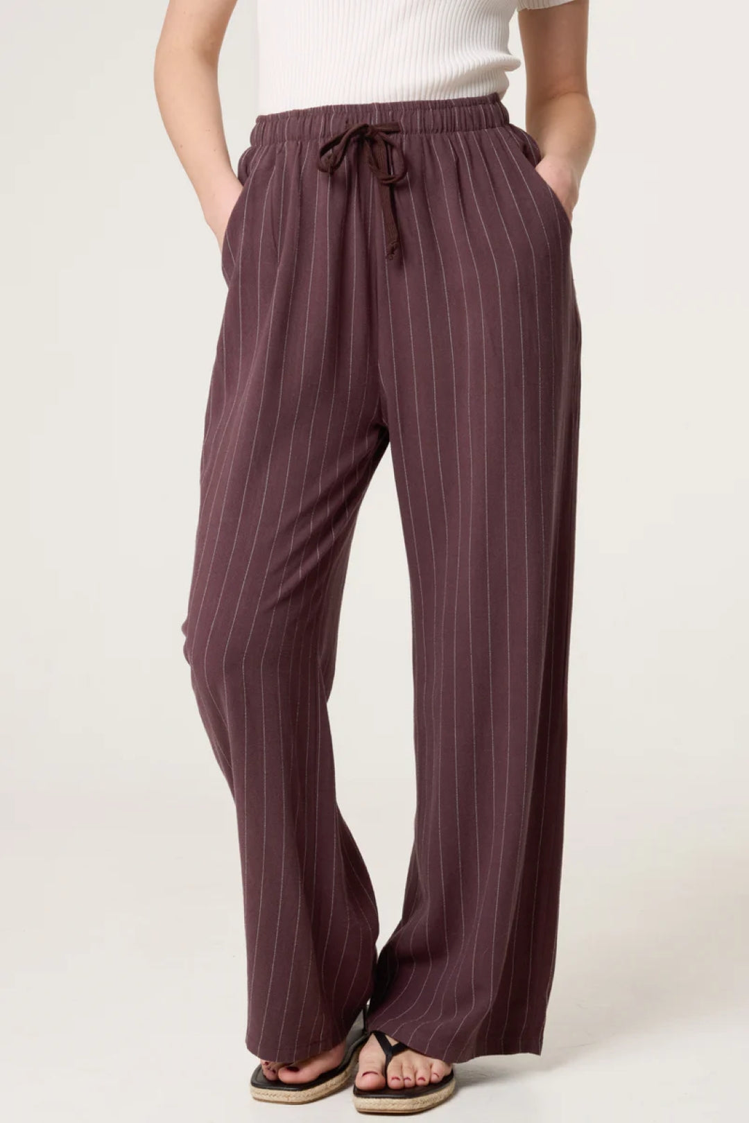 Brown Linen Blend Pin Striped Wide Leg Trousers