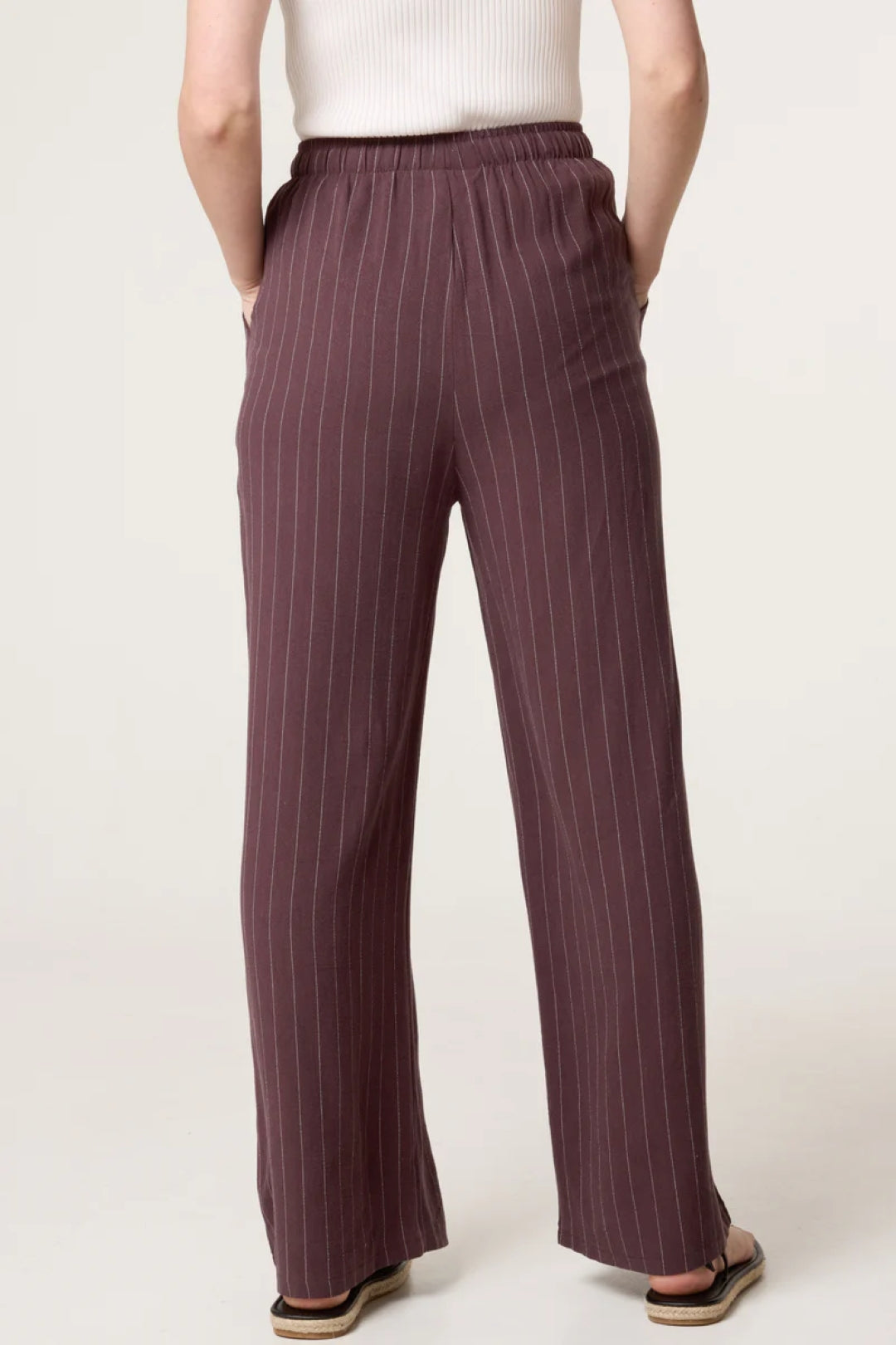 Brown Linen Blend Pin Striped Wide Leg Trousers