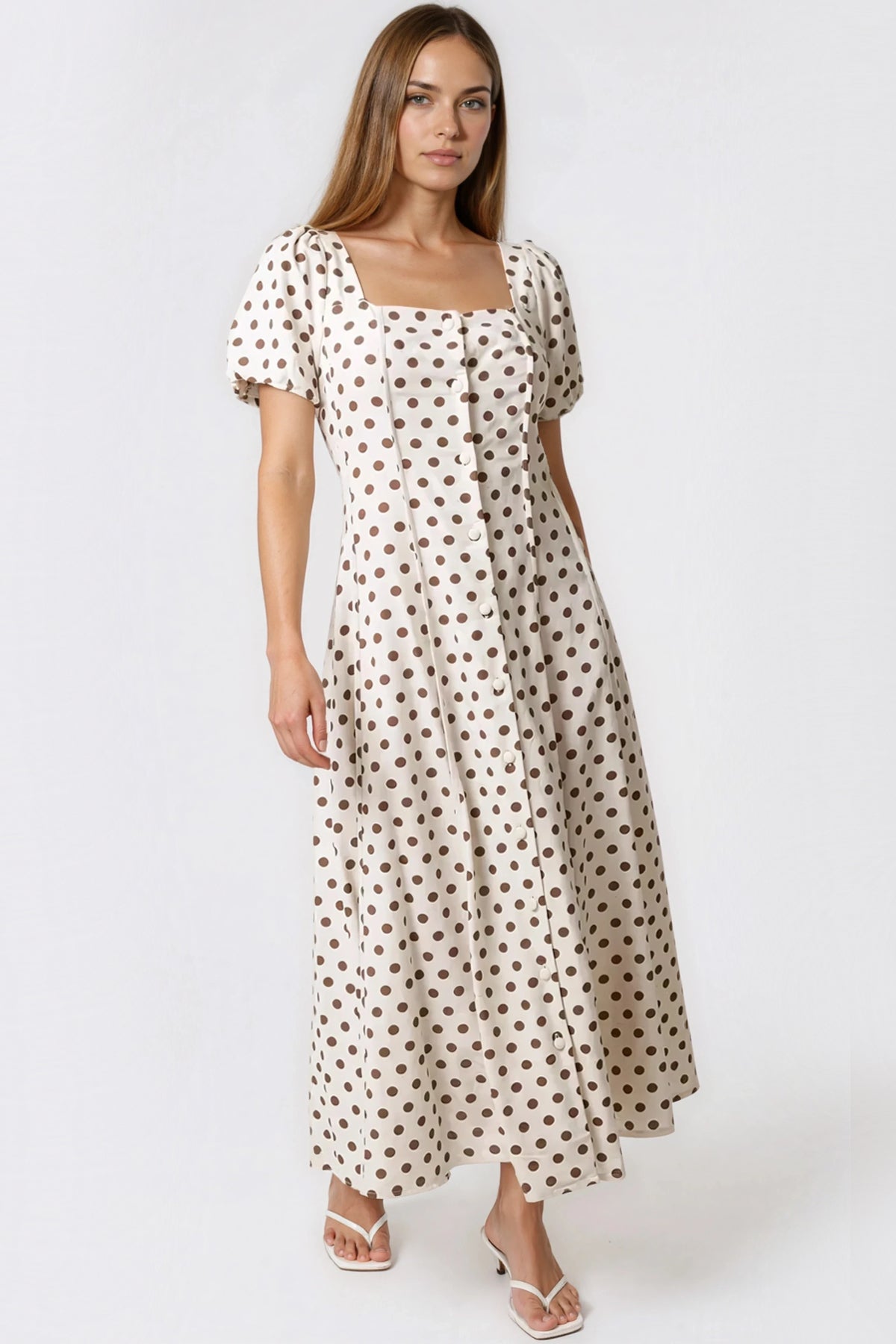 Linen Polka Dot Puff Sleeve Dress