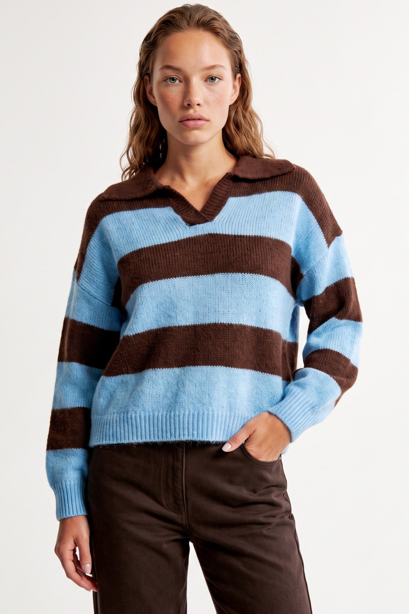 Blue Brown Stripe Collared Knit Jumper