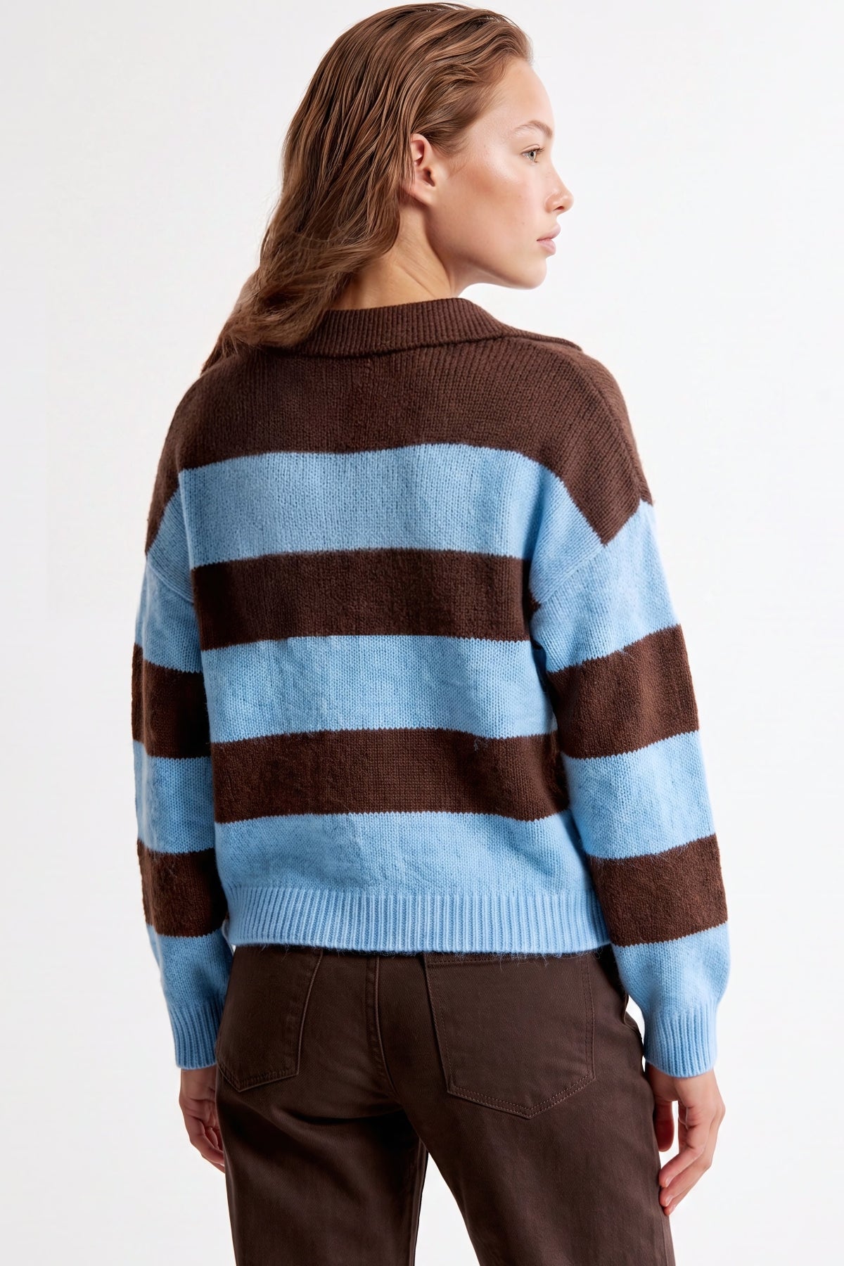 Blue Brown Stripe Collared Knit Jumper