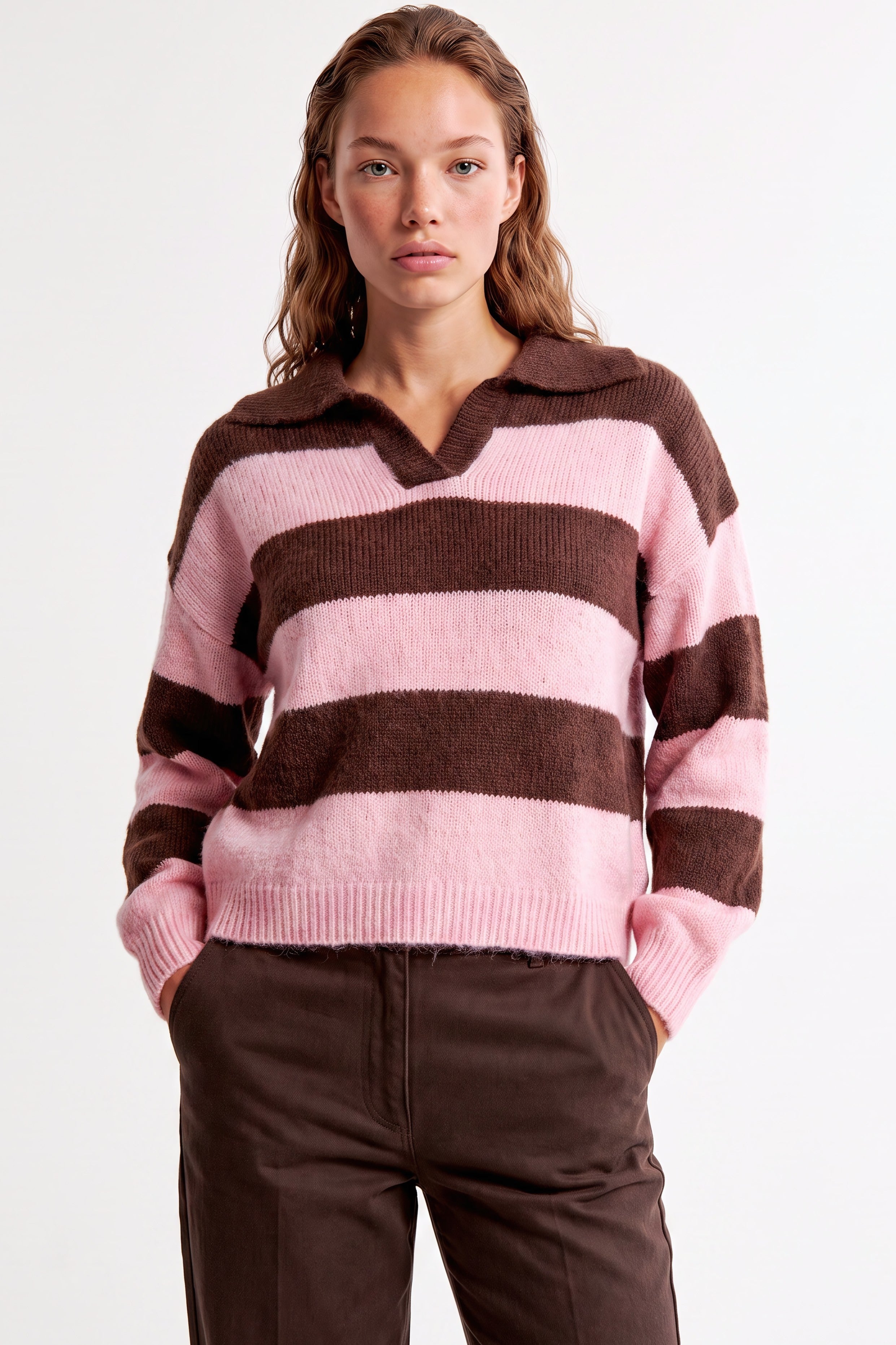 Pink Brown Stripe Collared Knit Jumper