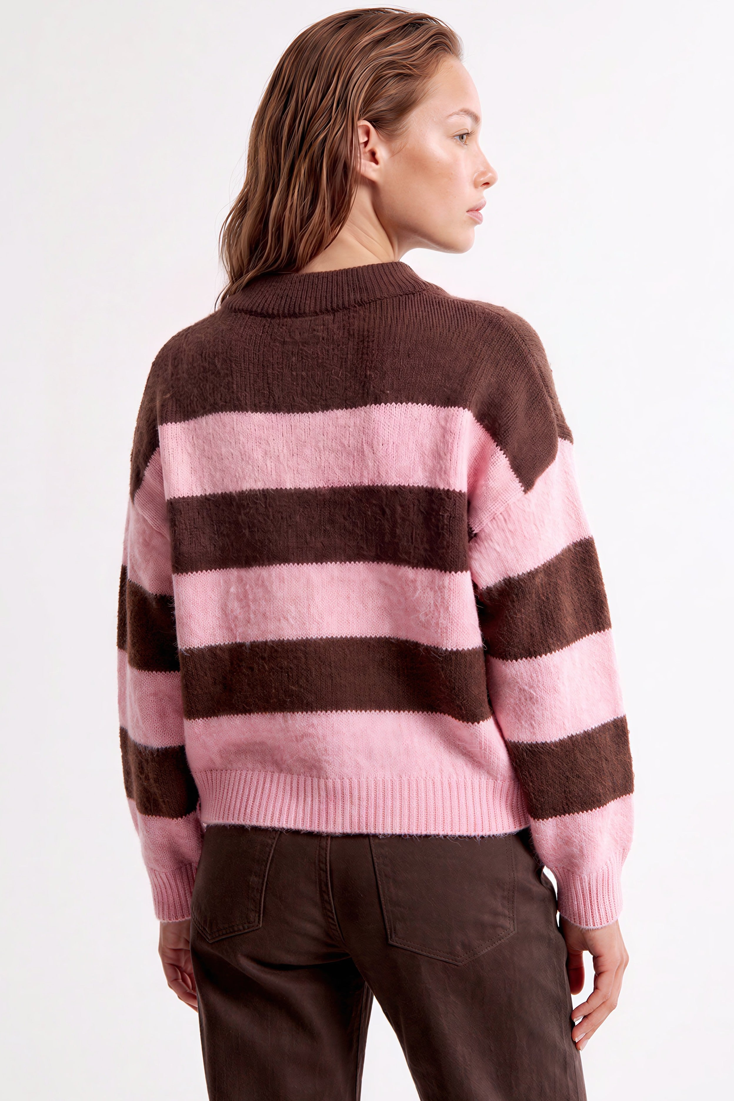 Pink Brown Stripe Collared Knit Jumper