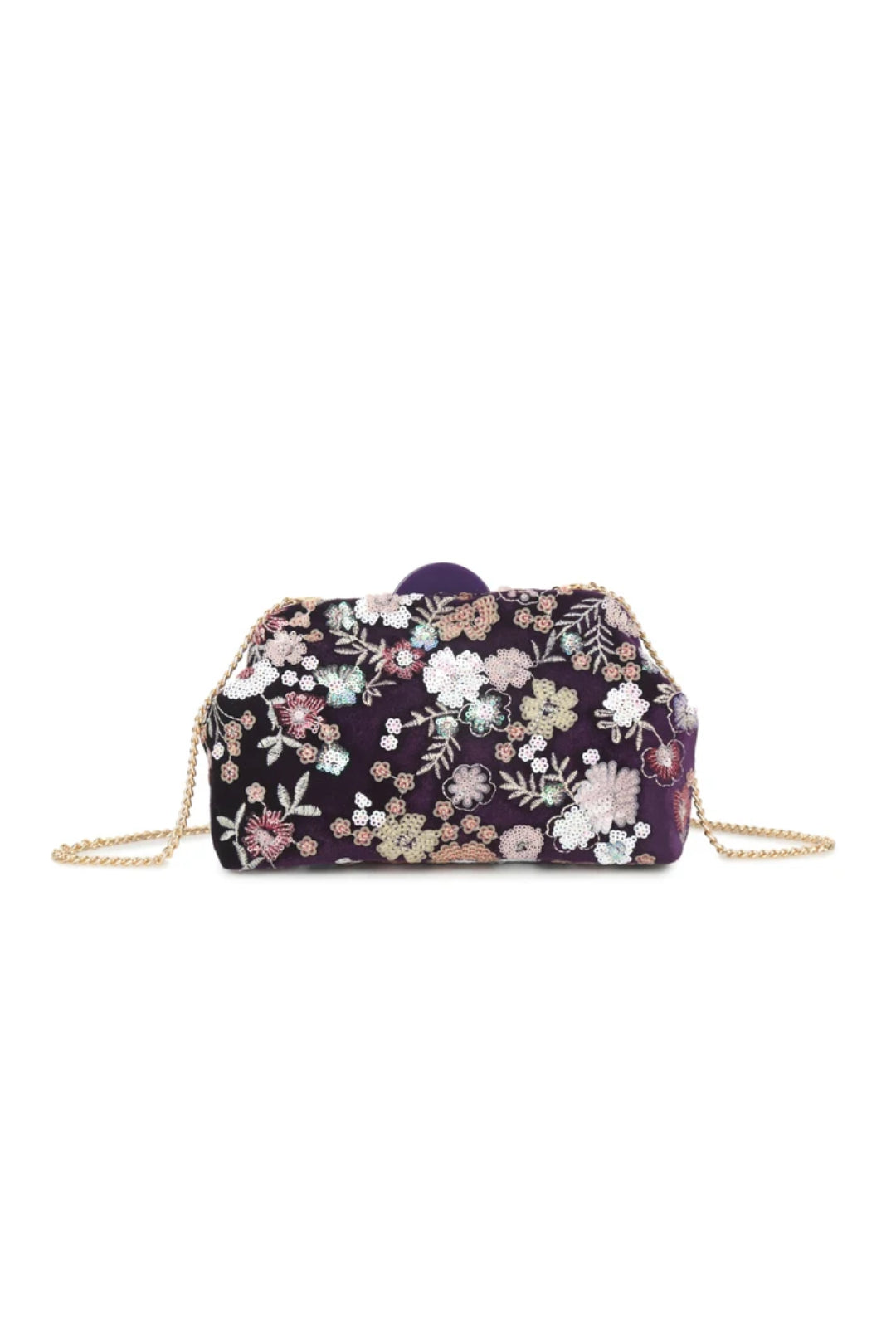 Purple Floral Embellished Velvet Clutch Bag