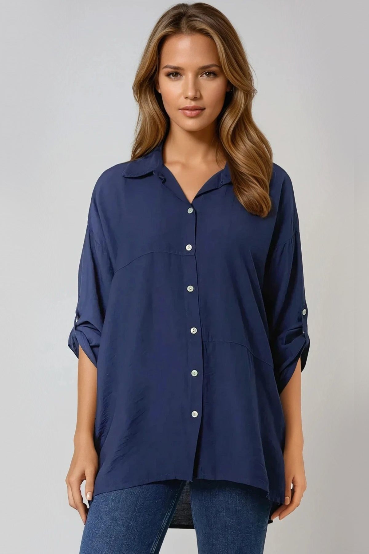 Navy Relaxed Fit Roll Sleeve Shirt