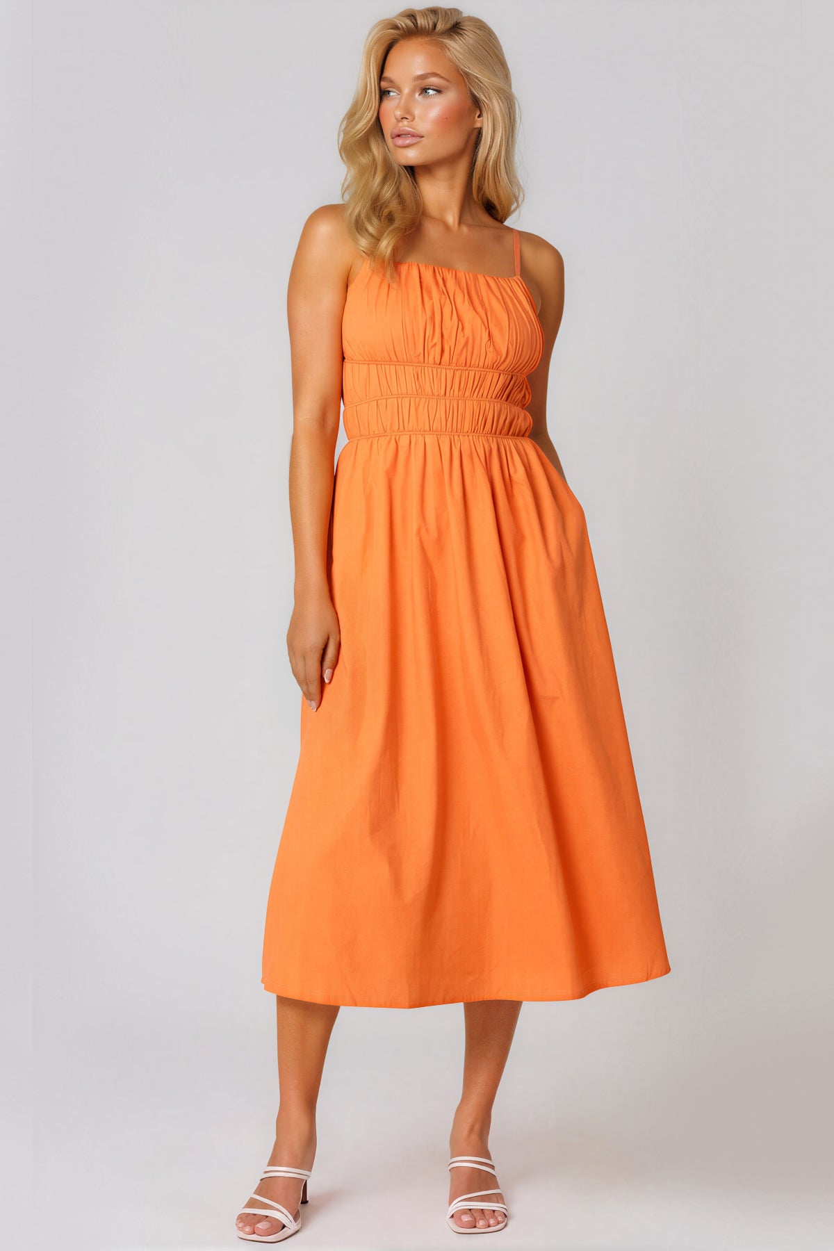 orange ruched midi dress Orange Ruched Strappy Cotton Midi Dress
