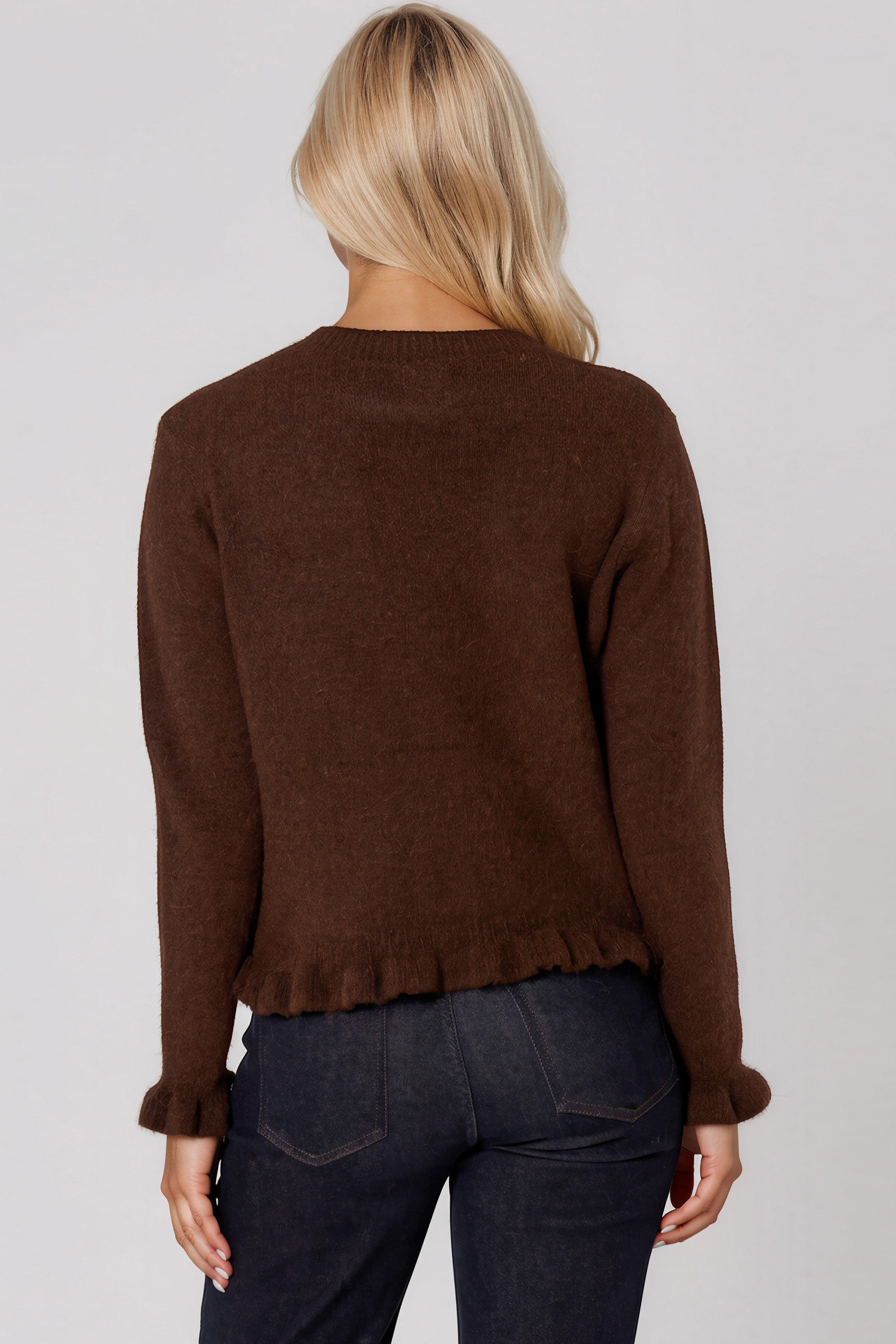 Brown Ruffled Trim Wool Blend Cardigan