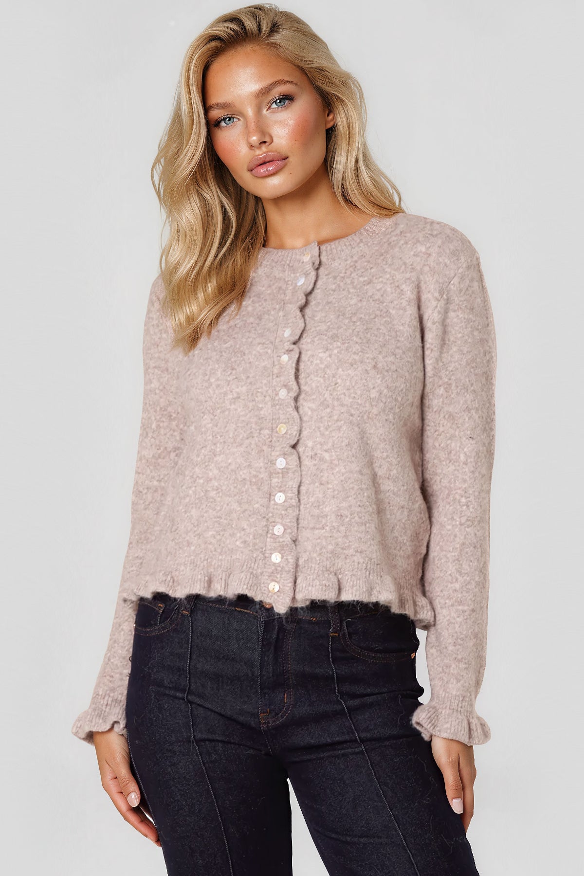 Taupe Ruffled Trim Wool Blend Cardigan