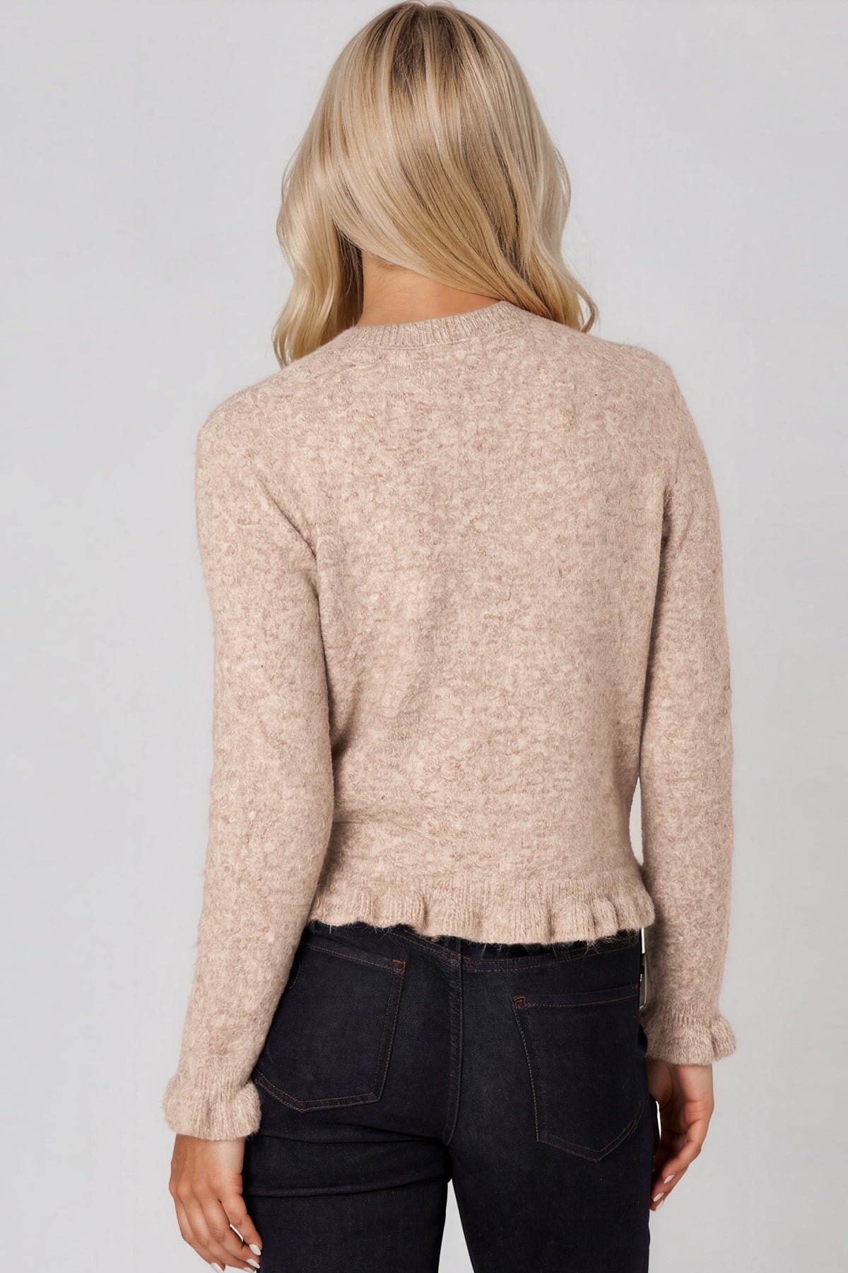 Taupe Ruffled Trim Wool Blend Cardigan