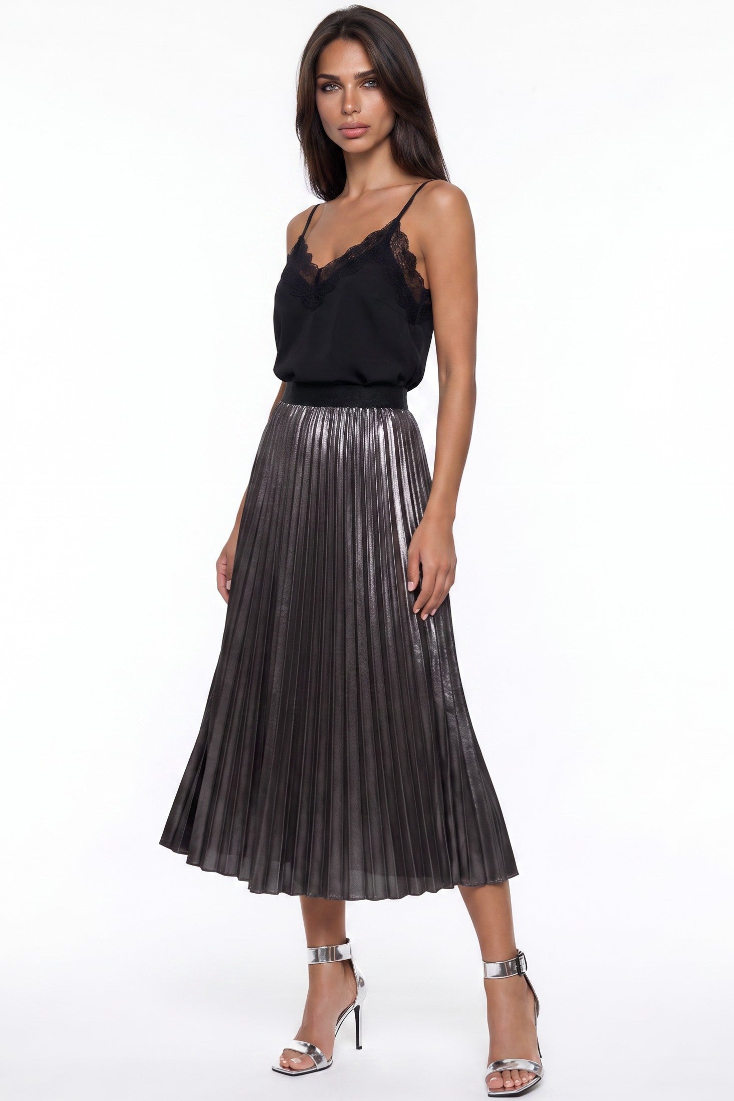 Black Satin Pleated Midi Skirt