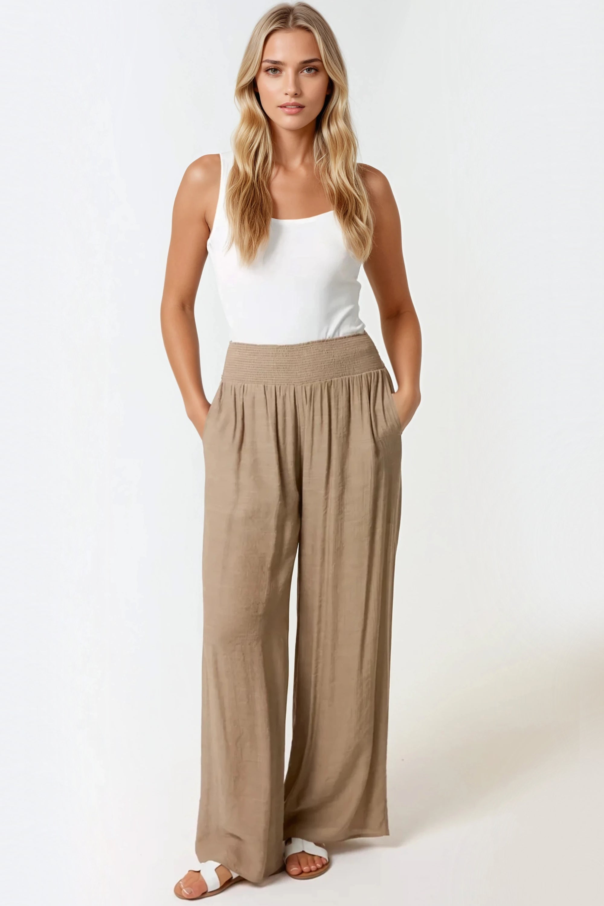 Mocha Shirred Waist Wide Leg Trouser